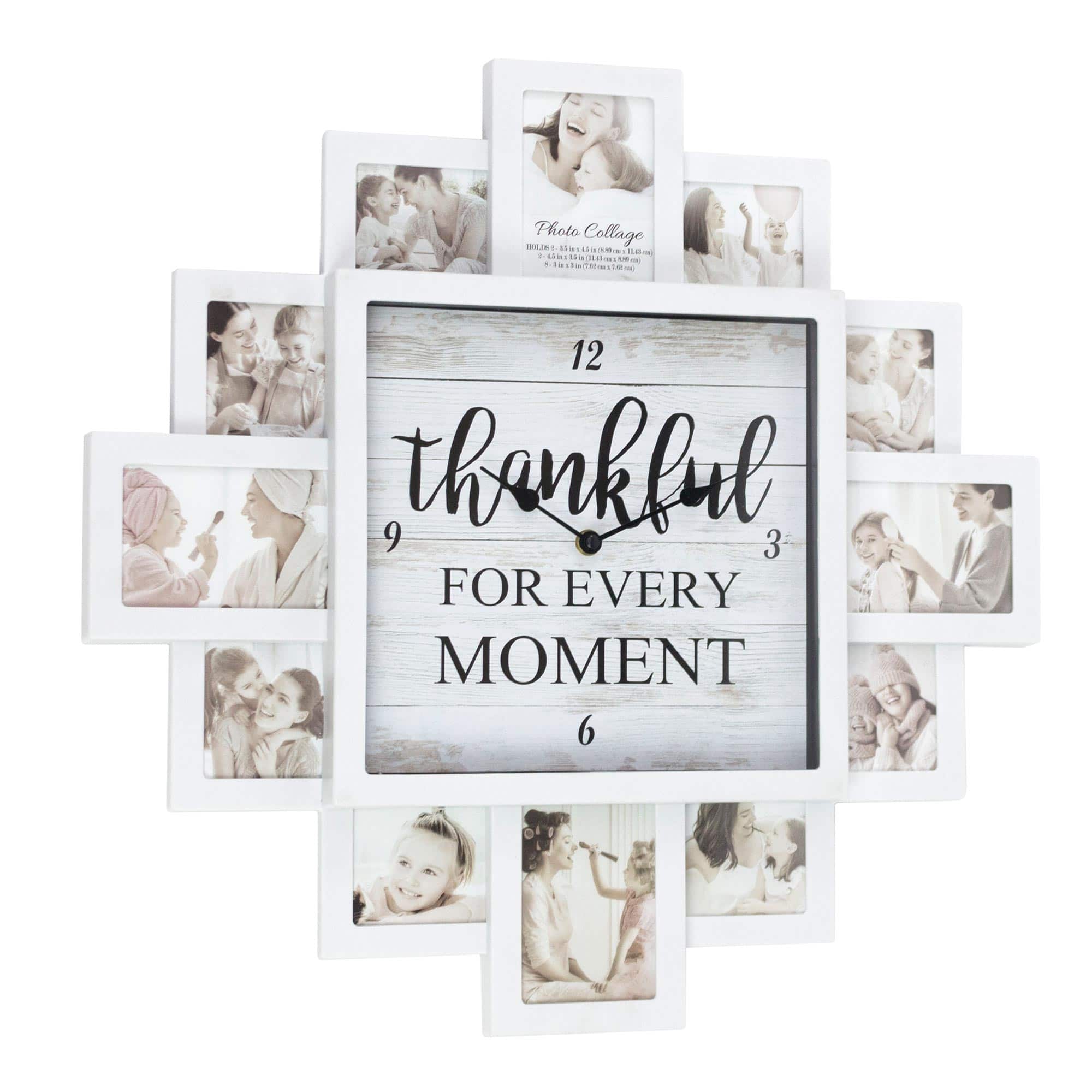 White Farmhouse Shabby-Chic &#x22;Thankful&#x22; Picture Frame Wall Collage Clock