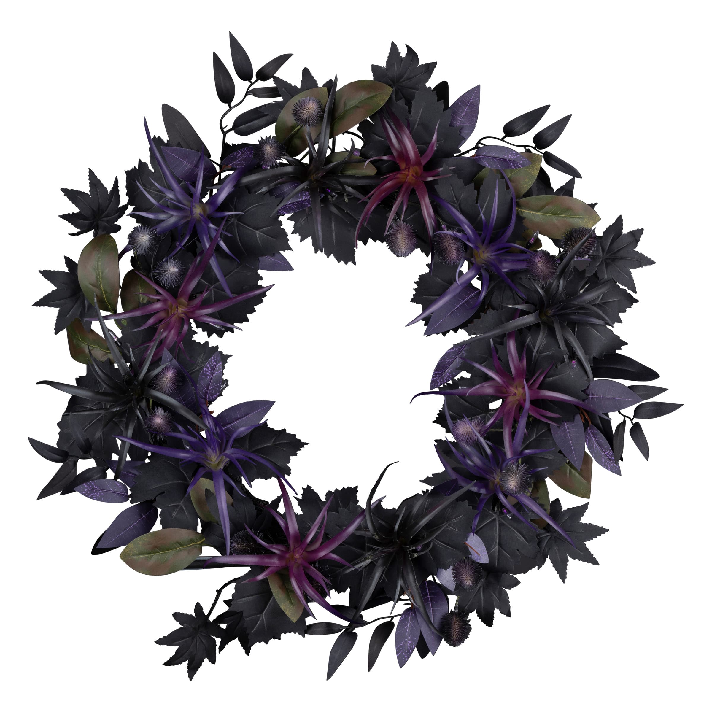 24" Scare in the Air Purple & Black Flower Halloween Pre-Lit LED Wreath