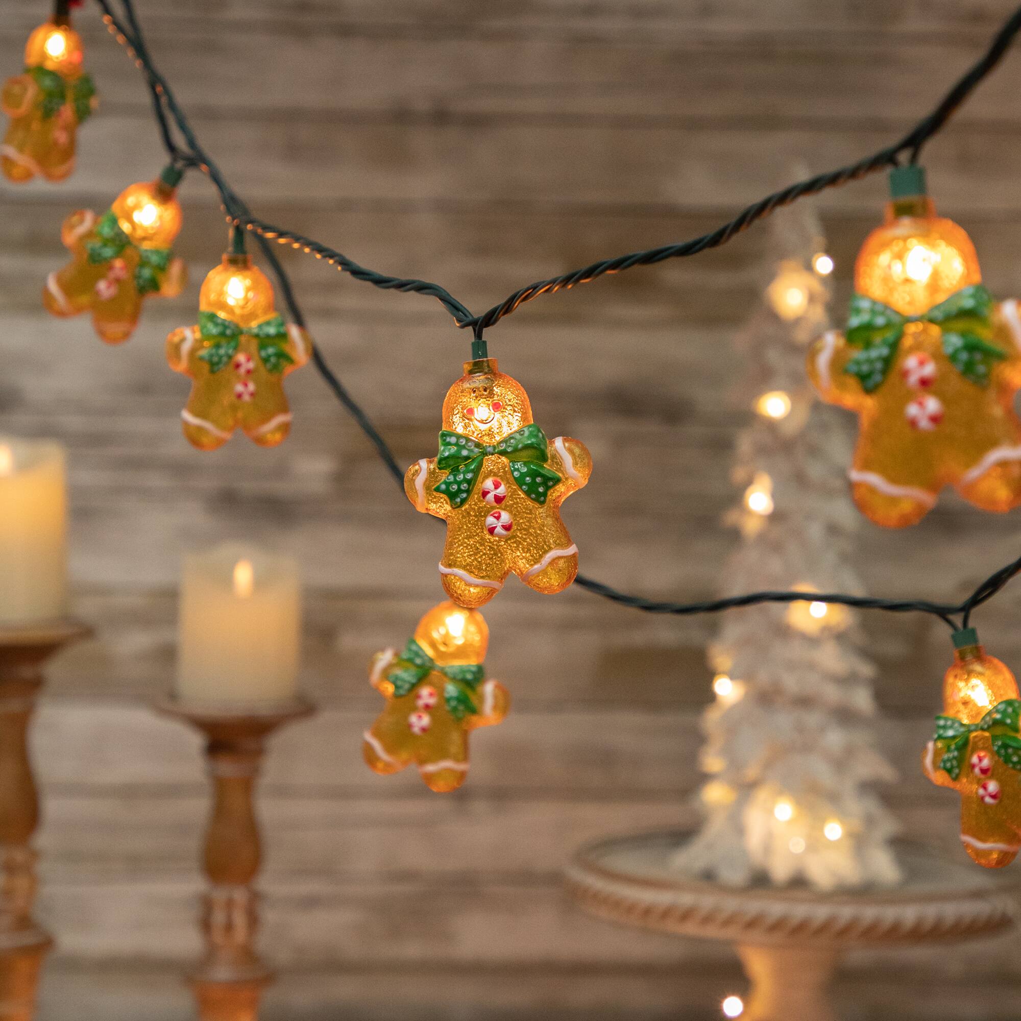 10ct. Gingerbread Man Christmas String Lights with Green Wire