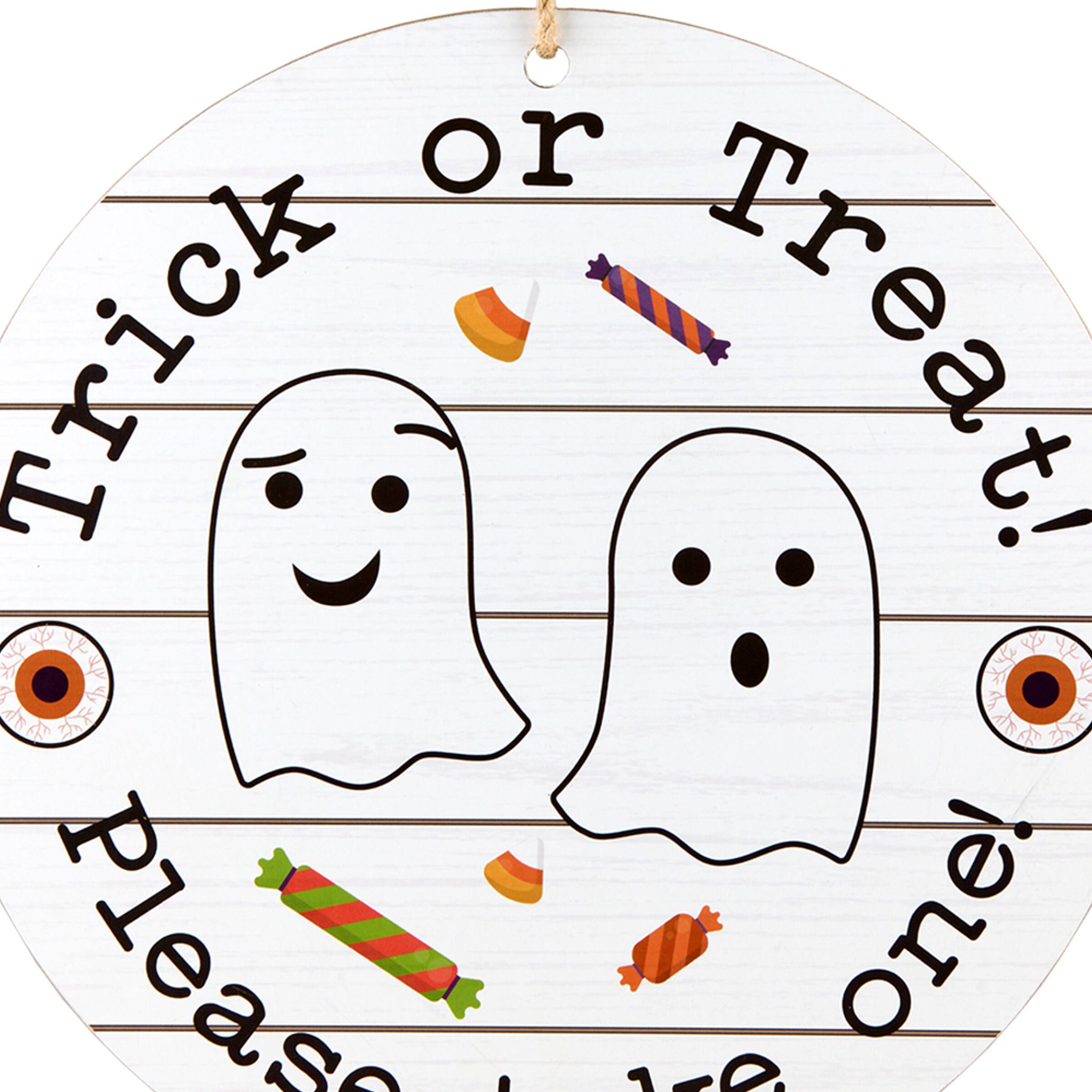 12&#x22; White Hanging Double-Sided Trick or Treat/Out of Candy Round Plank Sign