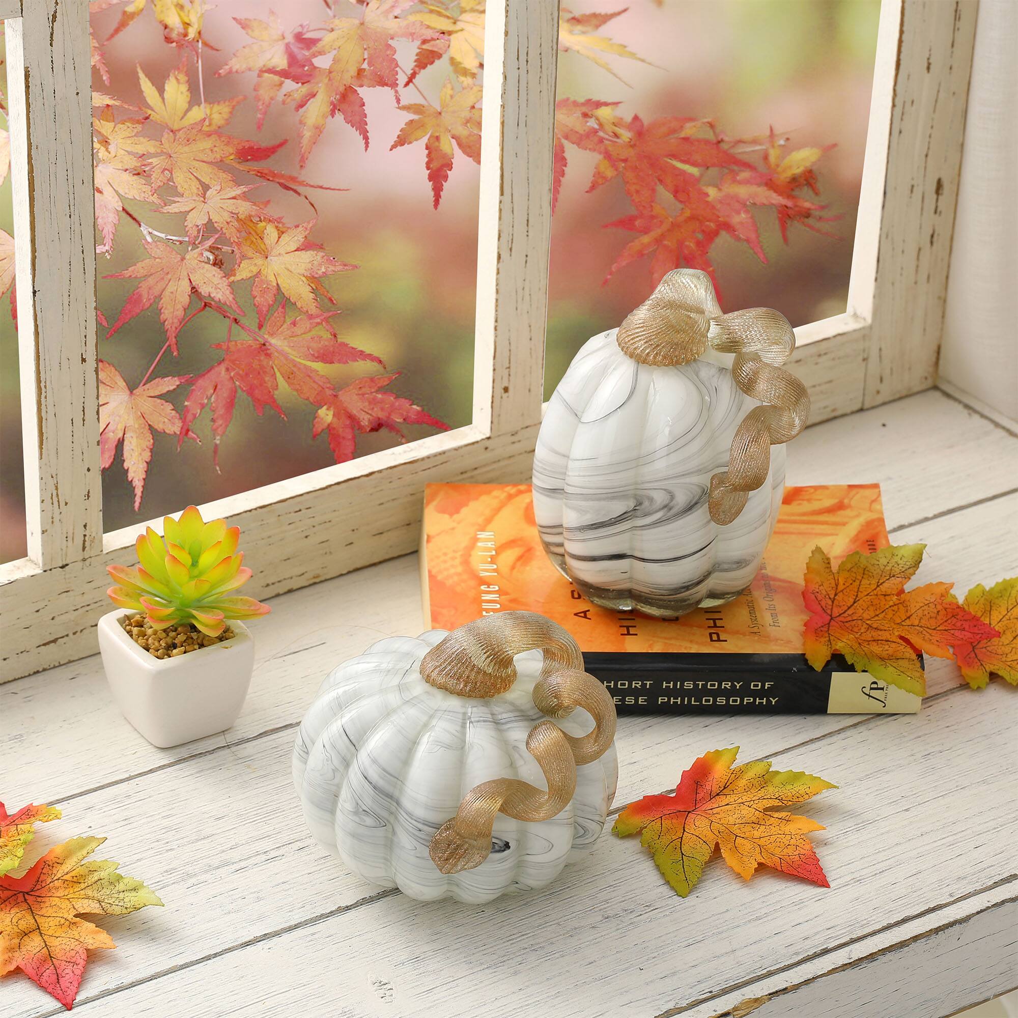 Glitzhome® Gray Marble Glass Pumpkin Set