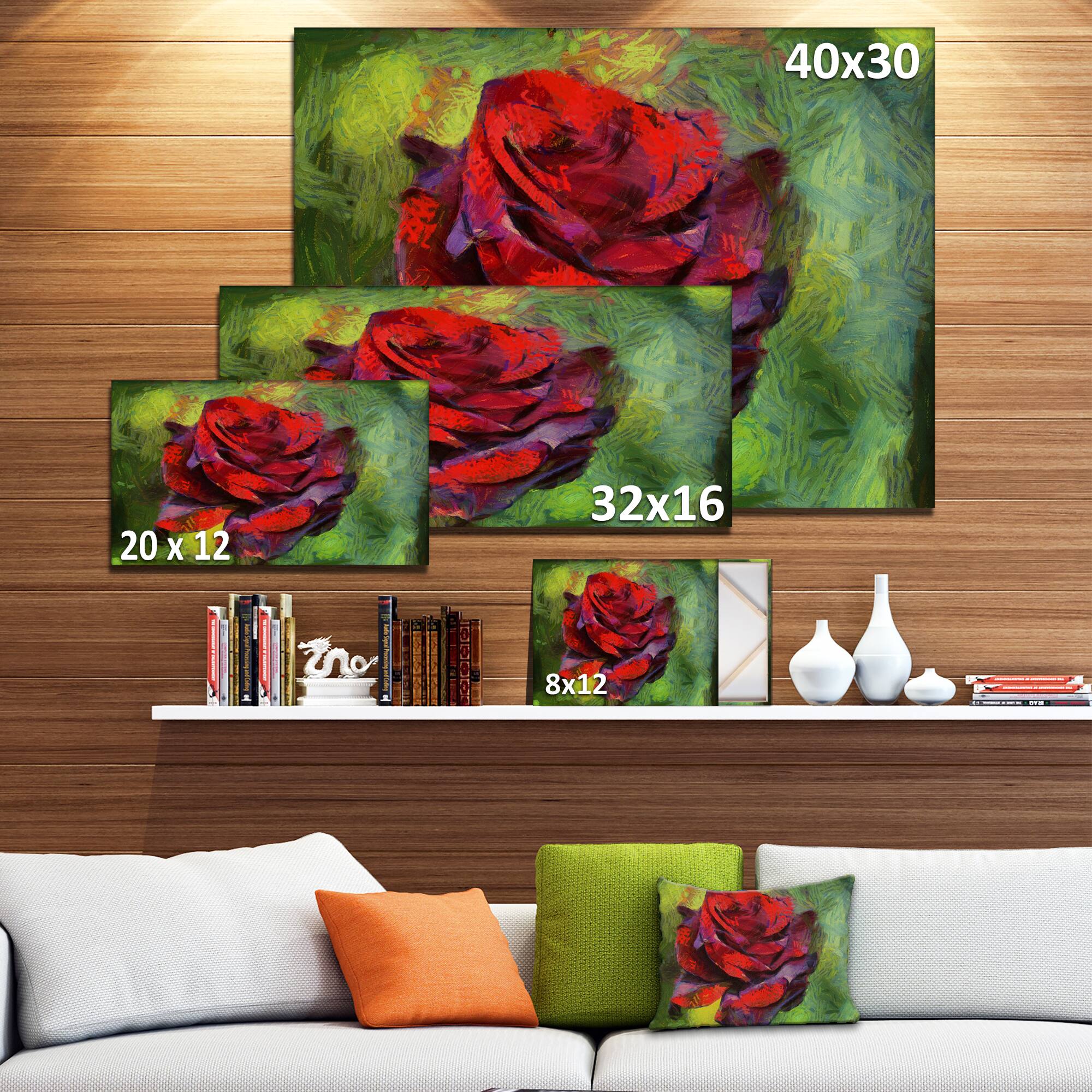 Designart - Red Rose on Green - Floral Canvas Art Print