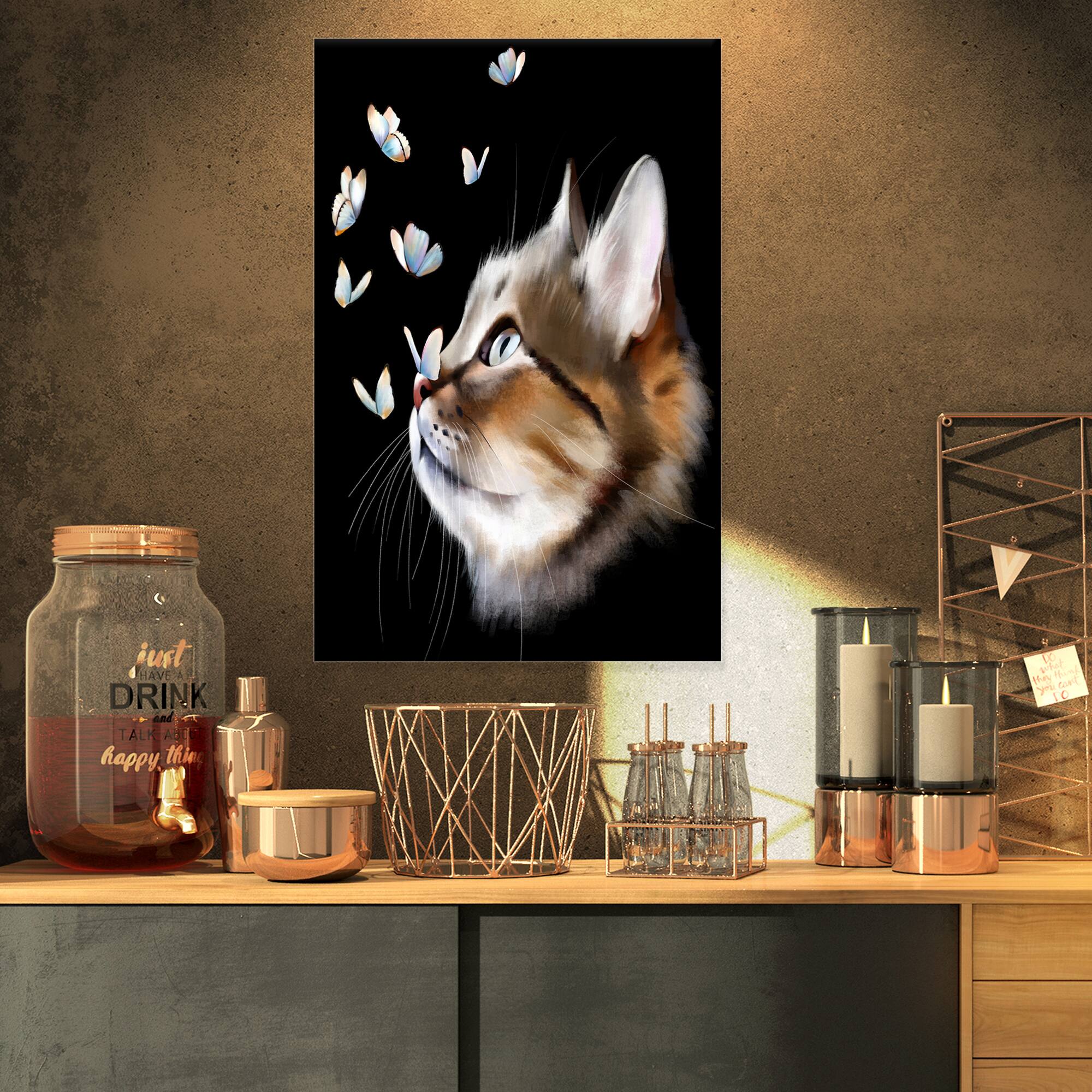 Designart - Cat with Butterflies on Black - Animal Canvas Art Print