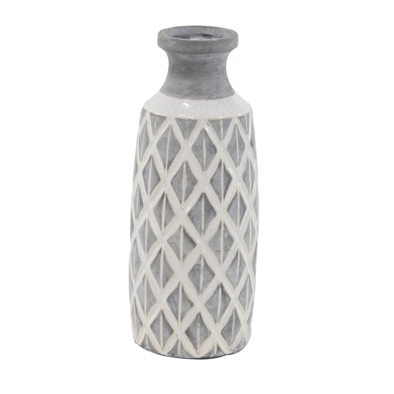 Coastal Gray And White Ceramic Jar Vase With Criss Cross Pattern, 16" x 6" x 6"