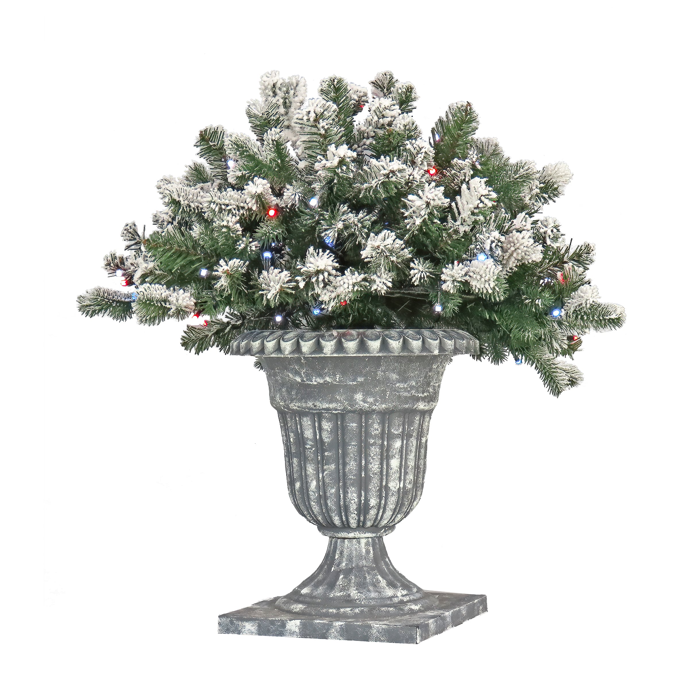 24" Feel Real® Snowy Sheffield Spruce Porch Bush in Silver Brushed Plastic Urn