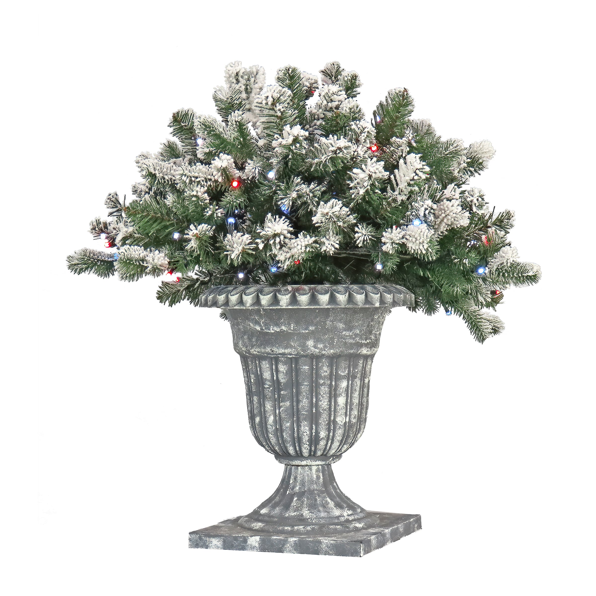 24&#x22; Feel Real&#xAE; Snowy Sheffield Spruce Porch Bush in Silver Brushed Plastic Urn