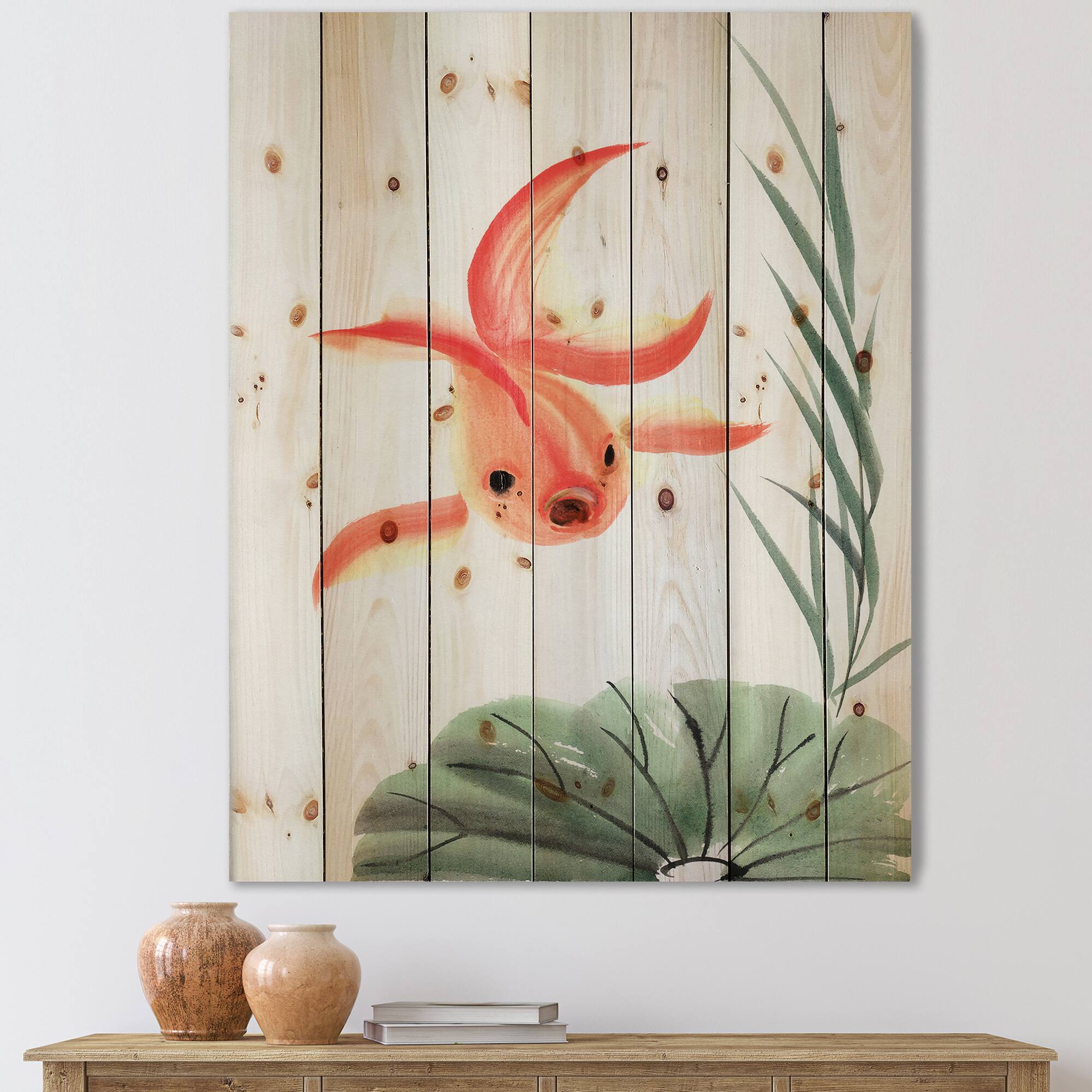 Designart - Vintage Goldfish and The Lotus Leaf - Nautical & Coastal Print on Natural Pine Wood