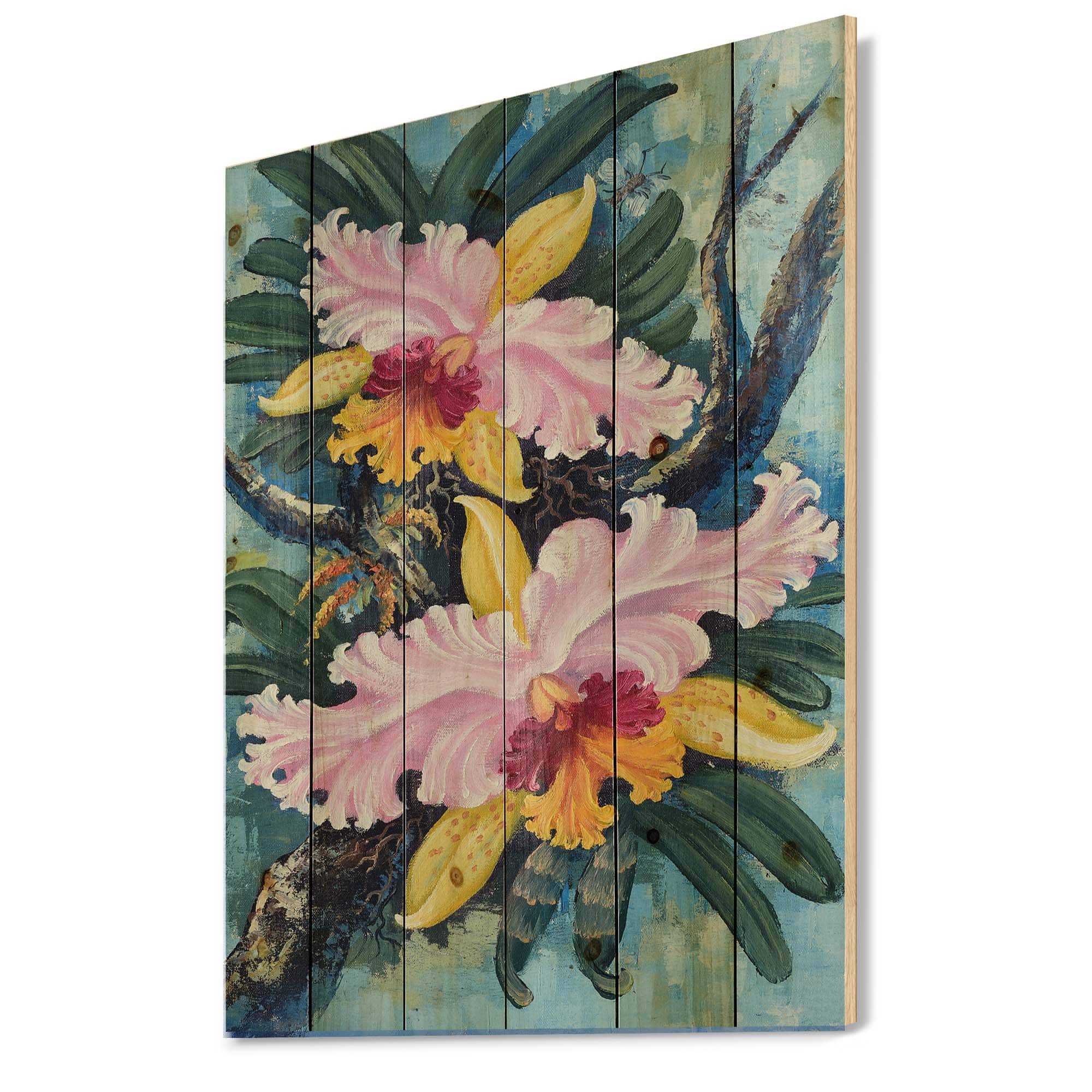 Designart - Vintage Forest Orchids I - Traditional Print on Natural Pine Wood
