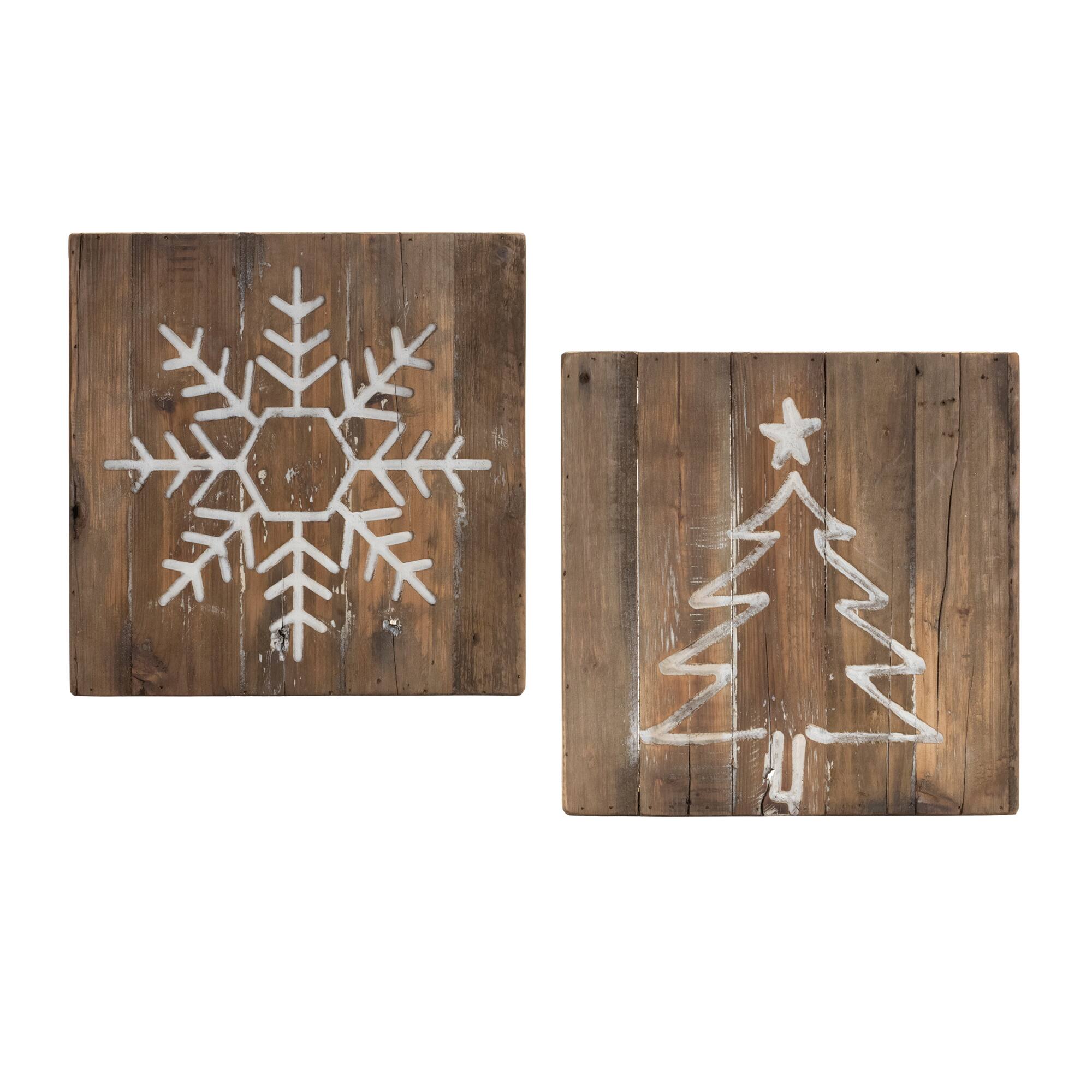 11.75" Distressed Snowflake & Tree Wood Block Set