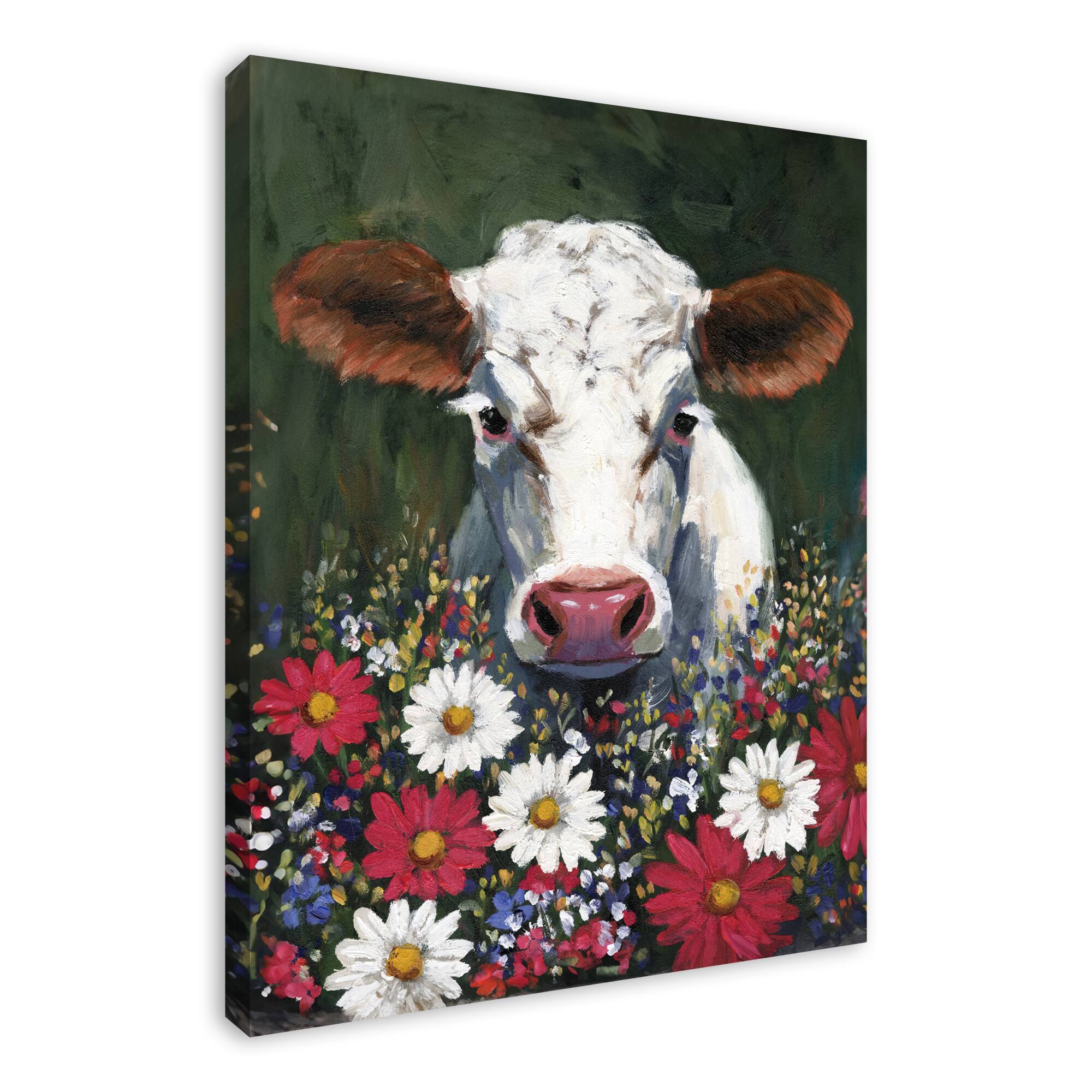 Patriotic Florals Cow II Canvas Wall Art