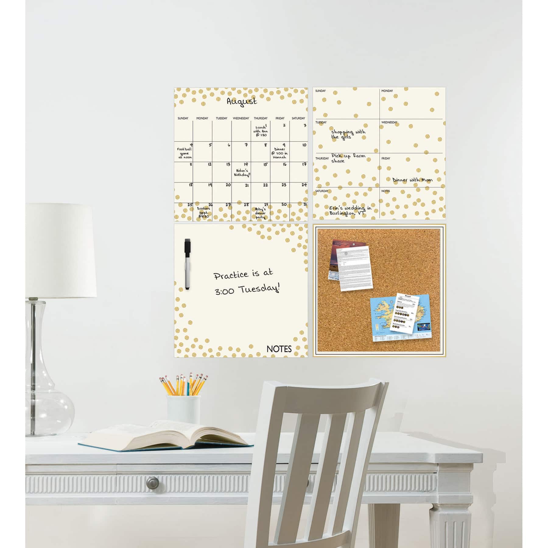 WallPops Gold Confetti Dry Erase Calendar &#x26; Corkboard Set