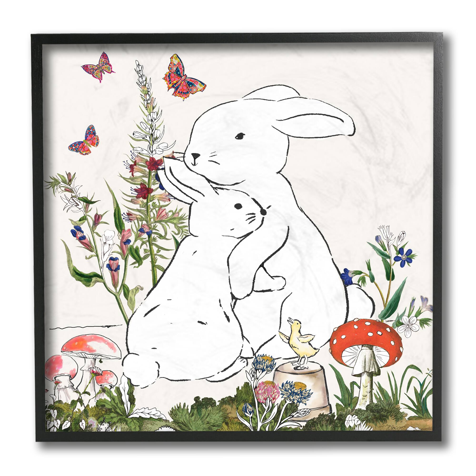 Stupell Industries Rabbit Hugs in Spring Meadow Wall Art in Black Frame
