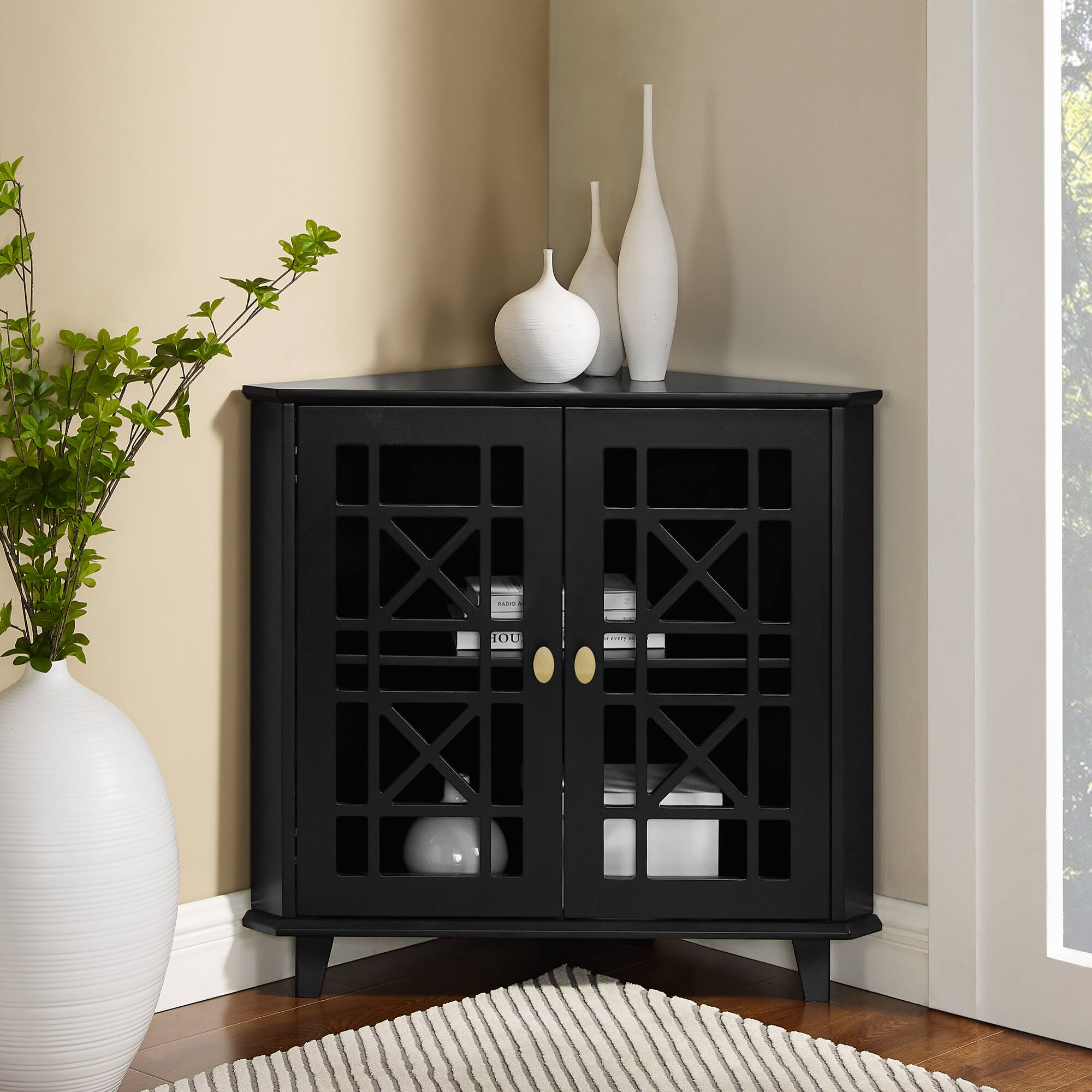 Walker Edison 30" Black Fretwork Corner Accent Cabinet