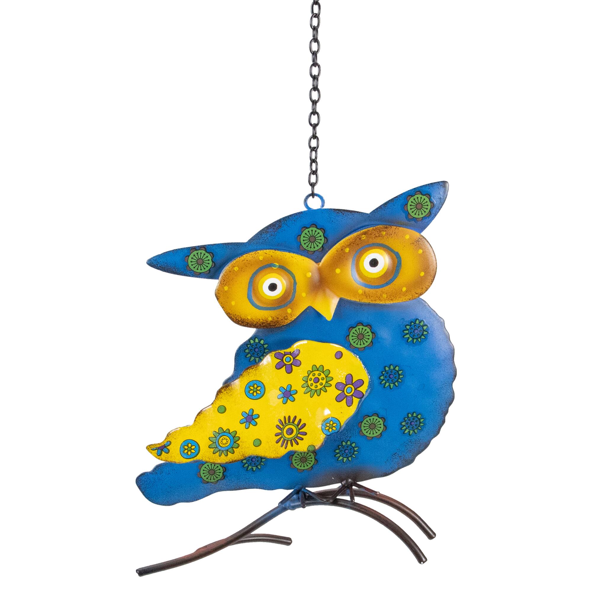 8" Blue & Yellow Metal Outdoor Wall Hanging Owl