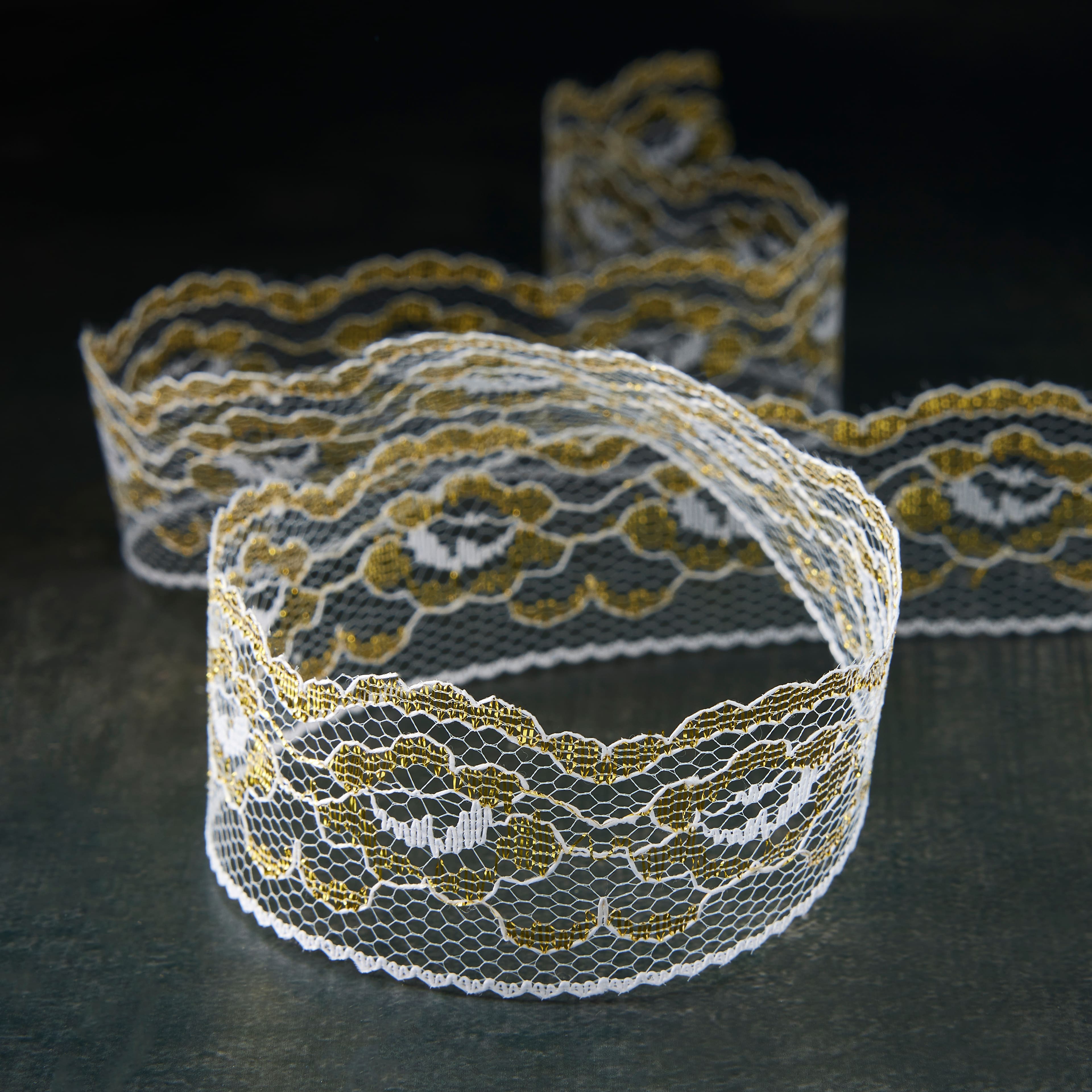 1.25'' x 3 yd. White and Gold Lace Trim Ribbon by Celebrate It®