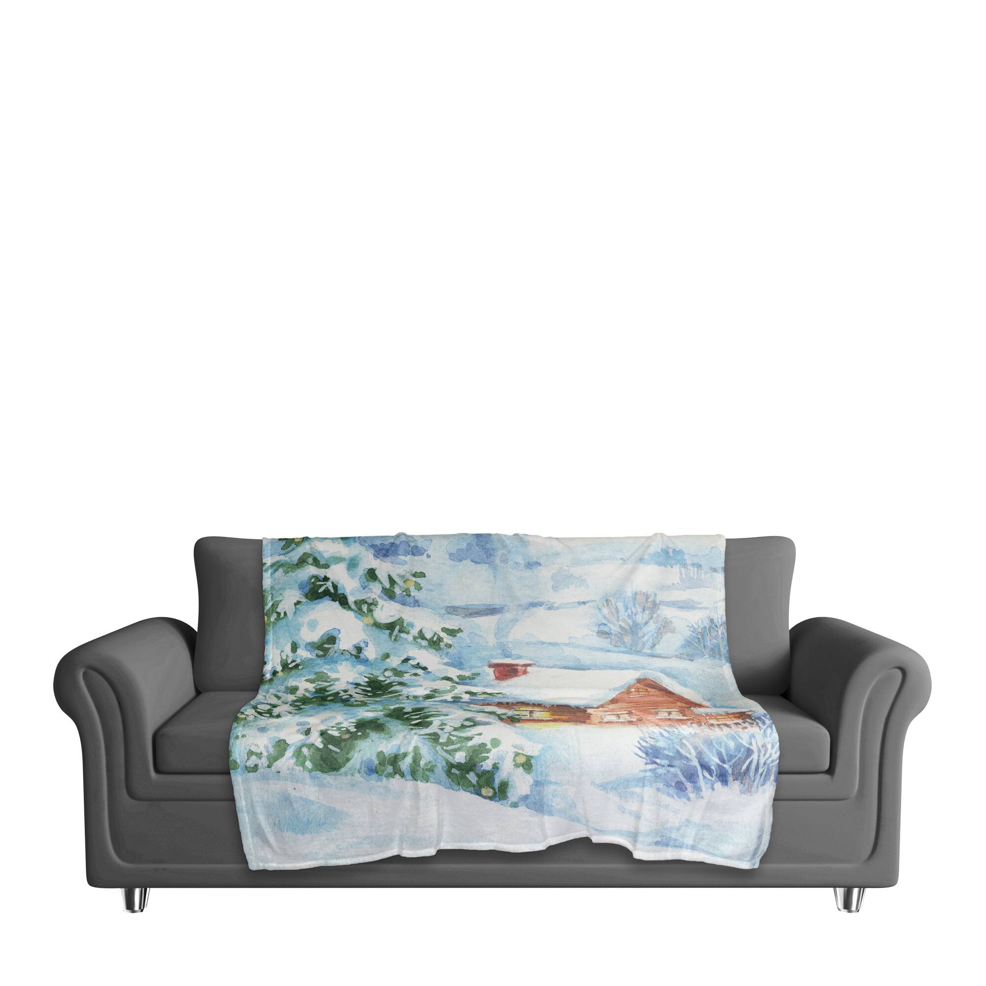 Watercolor Winter Cabin 50x60 Coral Fleece Blanket