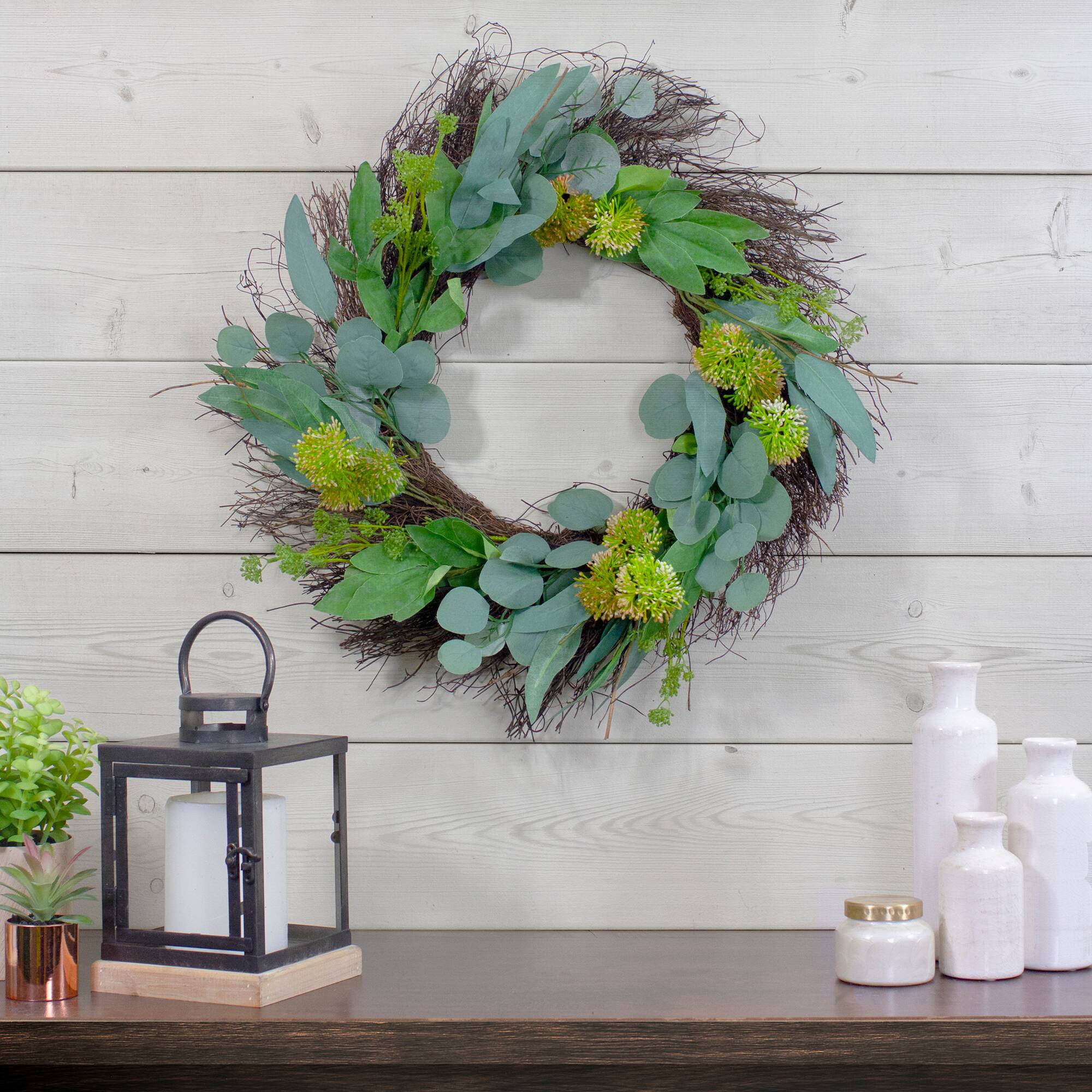 23&#x22; Green &#x26; White Olive Leaf &#x26; Floral Twig Spring Wreath