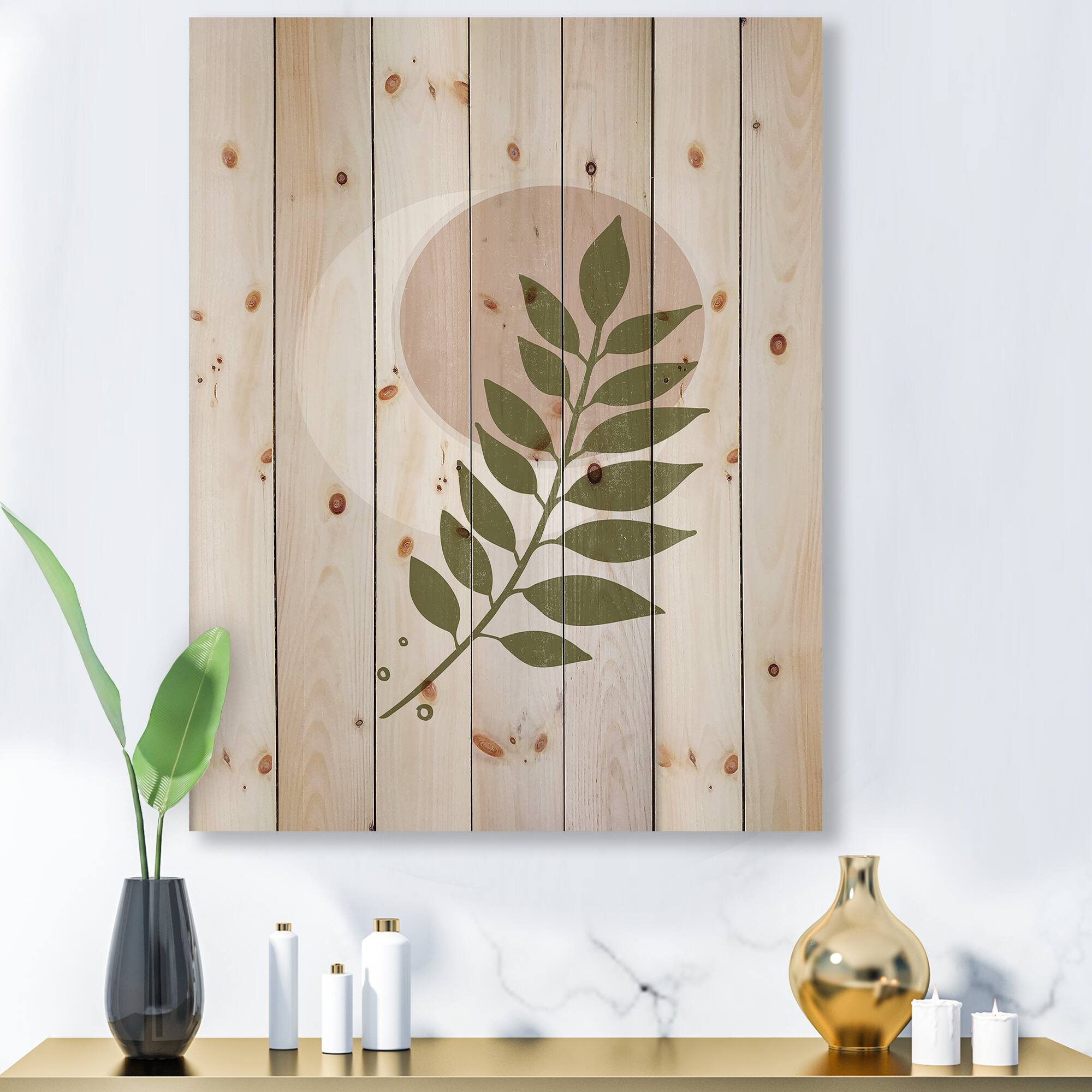 Designart - Abstract Geometrical Moon With Leaf IV - Modern Print on Natural Pine Wood