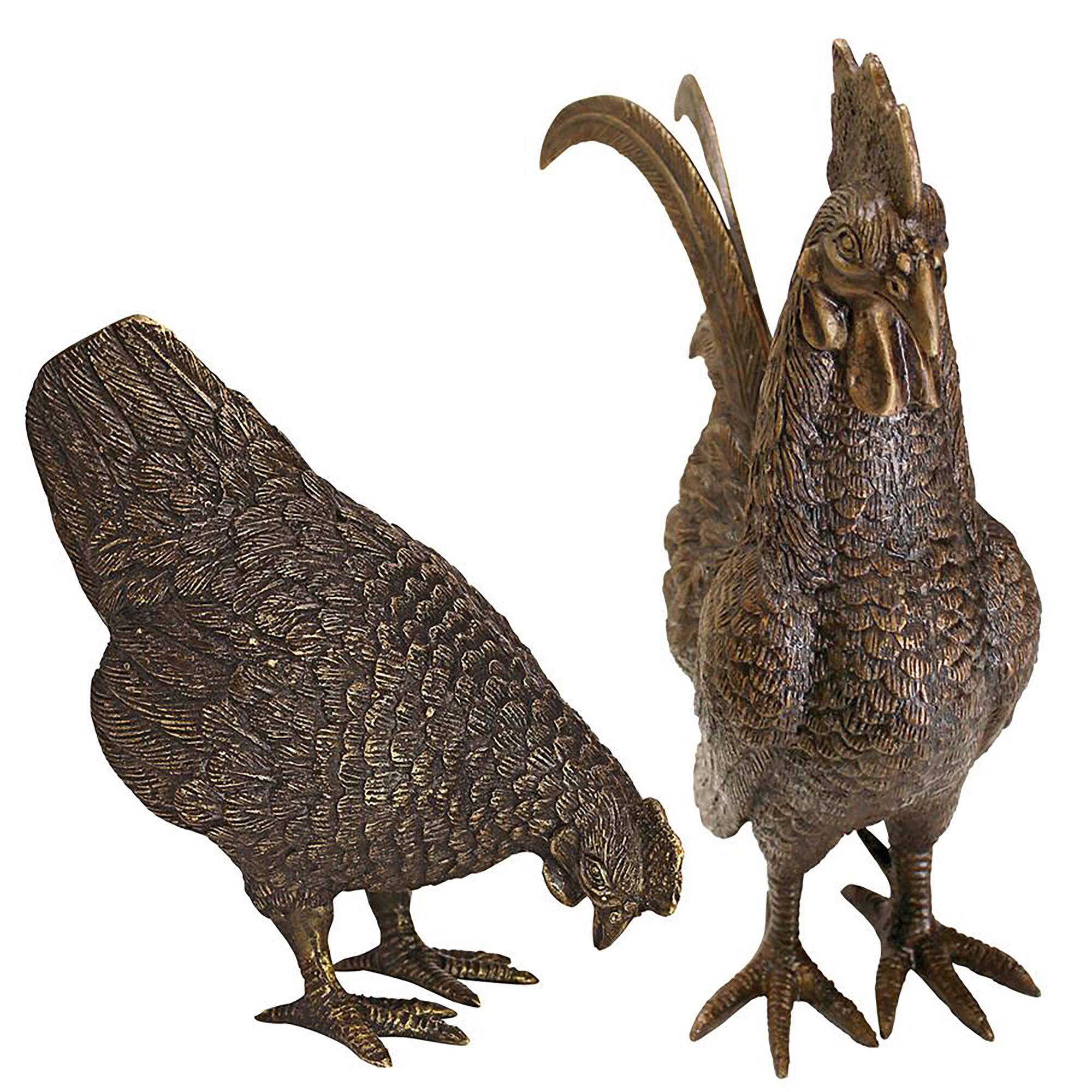 Design Toscano Barnyard Rooster &#x26; Hen Solid Cast Bronze Garden Statue Set