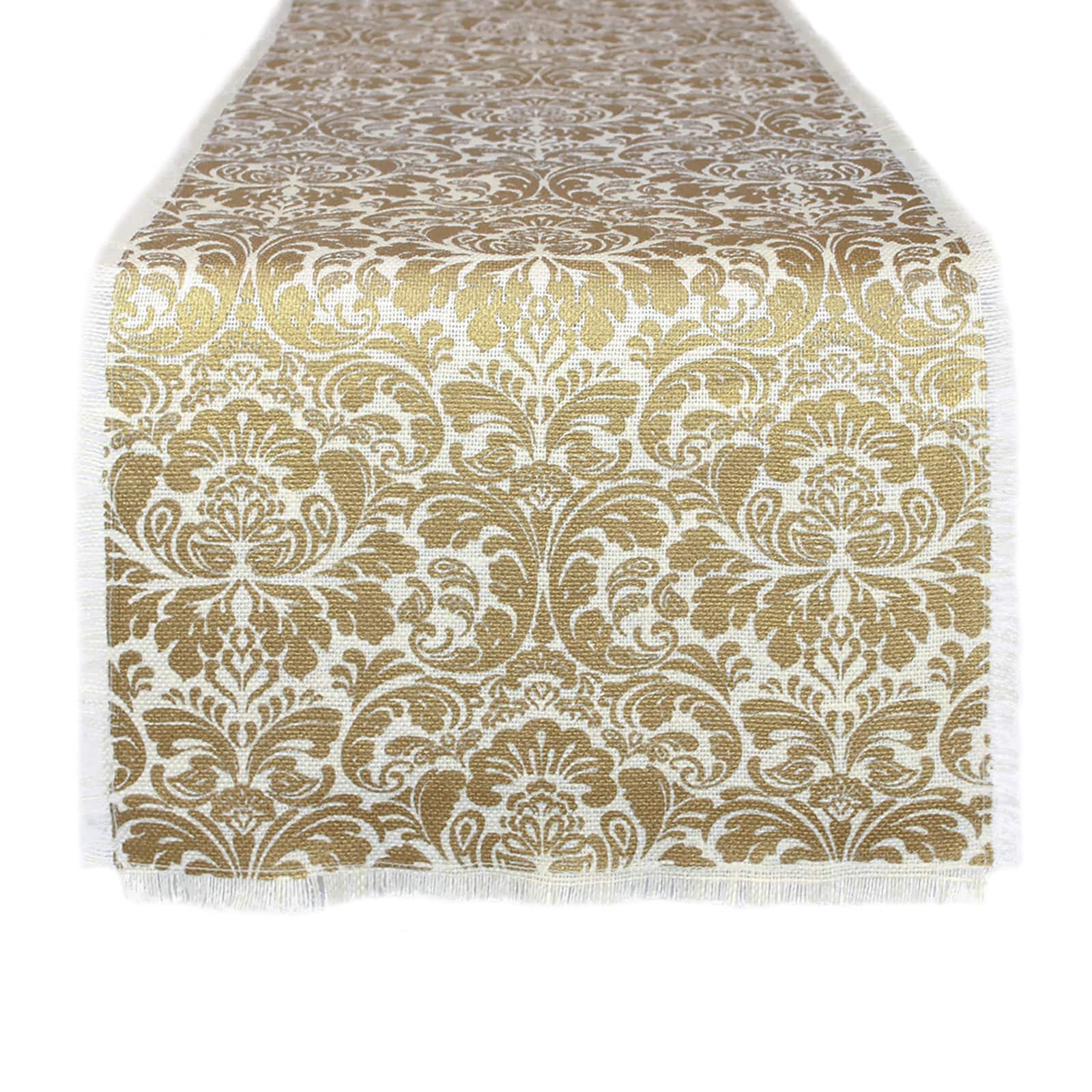 Gold Damask Print Jute Table Runner 14&#x22; x 108&#x22;