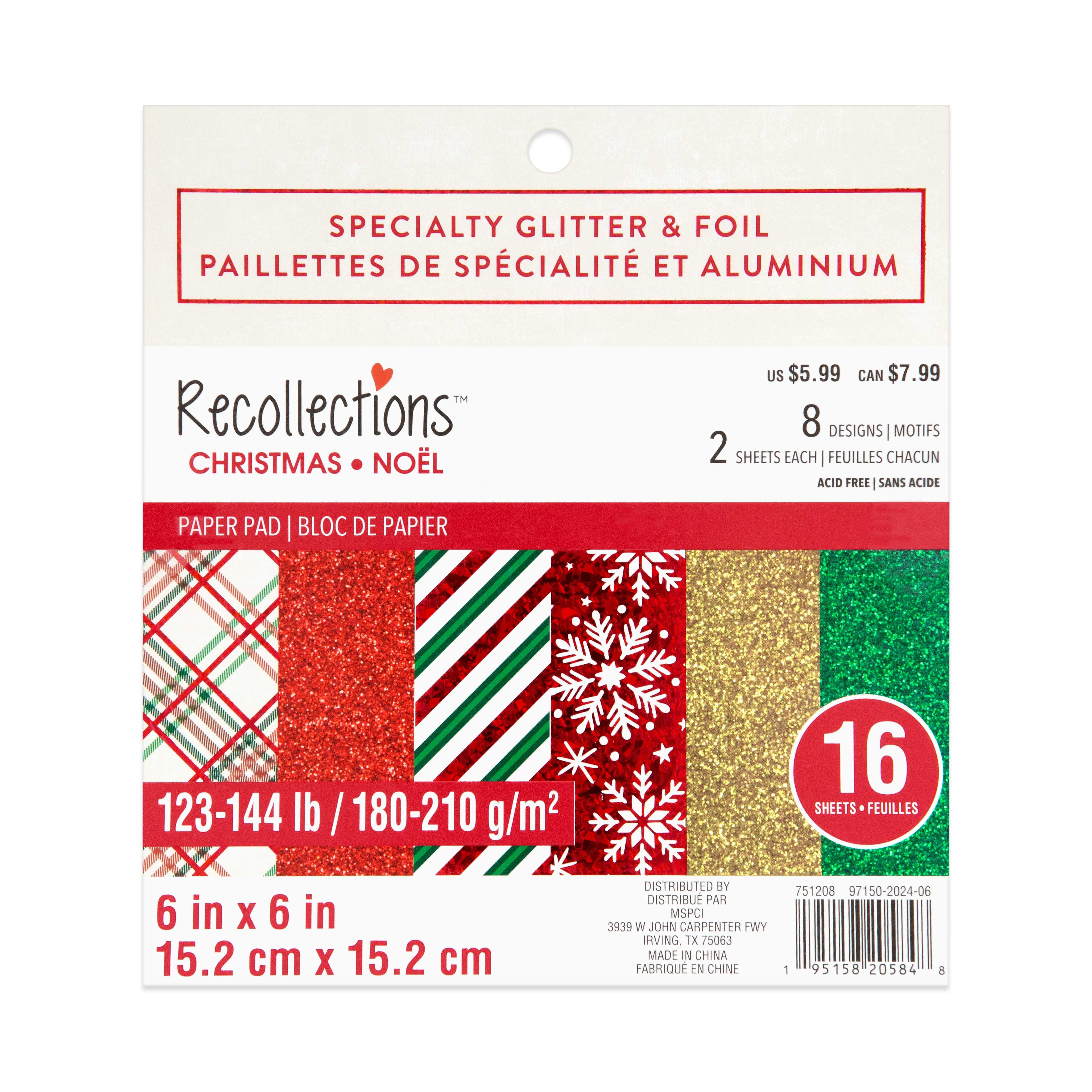 6&#x22; x 6&#x22; Christmas Specialty Glitter &#x26; Foil Paper Pad by Recollections&#x2122;, 16 Sheets