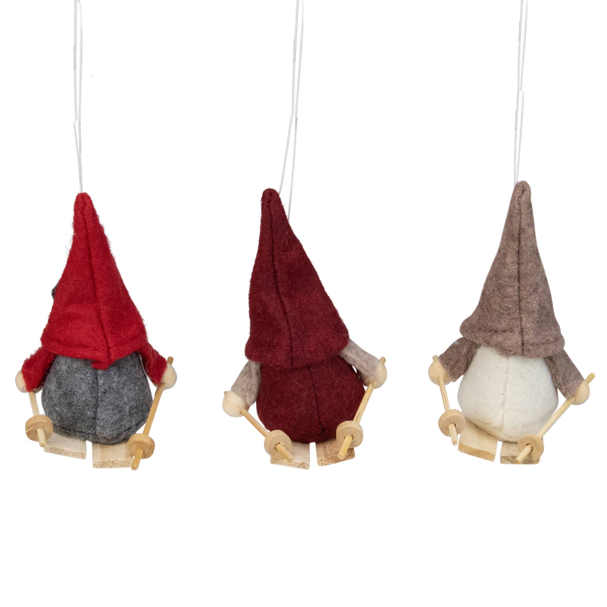 4" Red & Gray Skiing Gnome Christmas Ornament Set