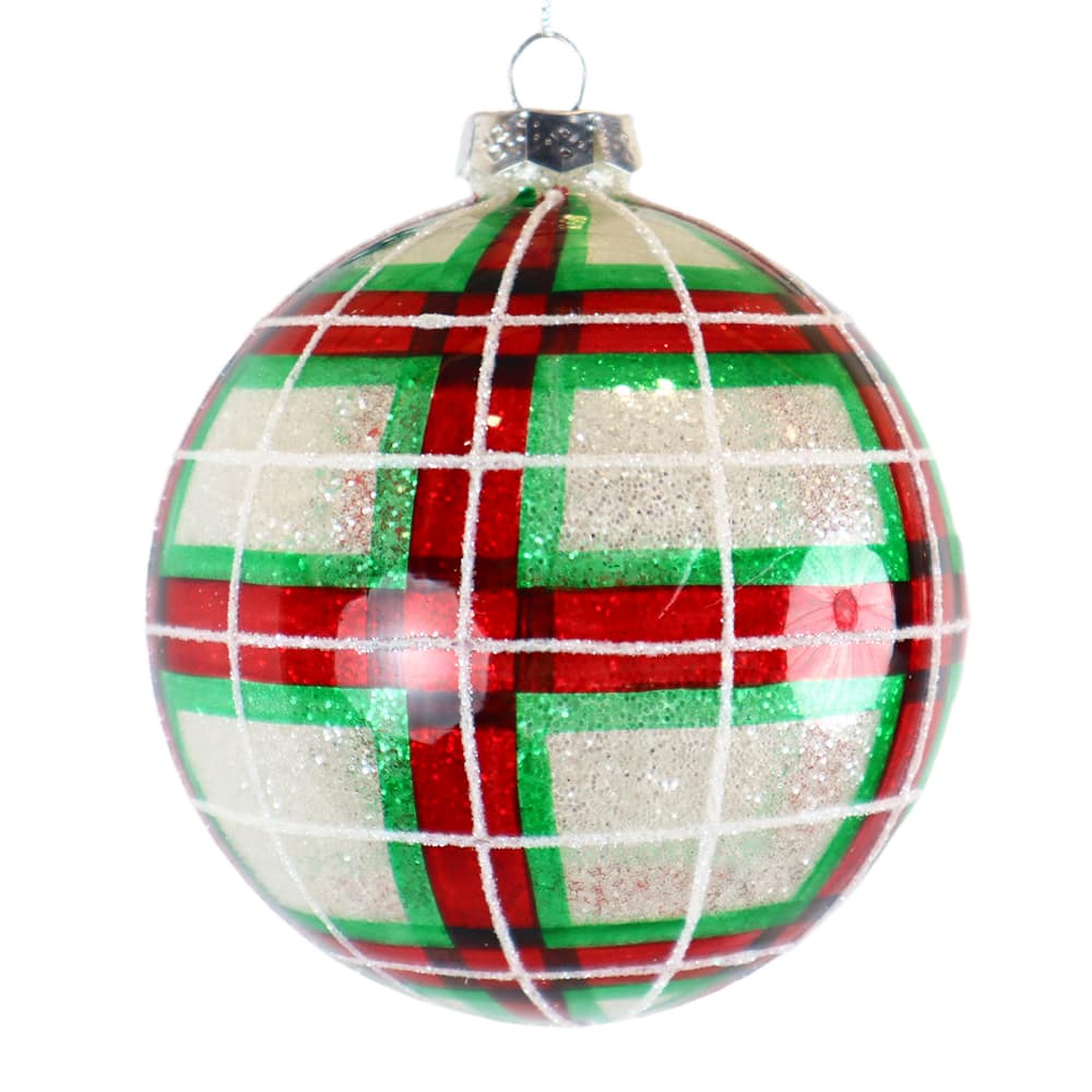 4&#x22; Red &#x26; White Plaid Glass Ball Ornament by Ashland&#xAE;