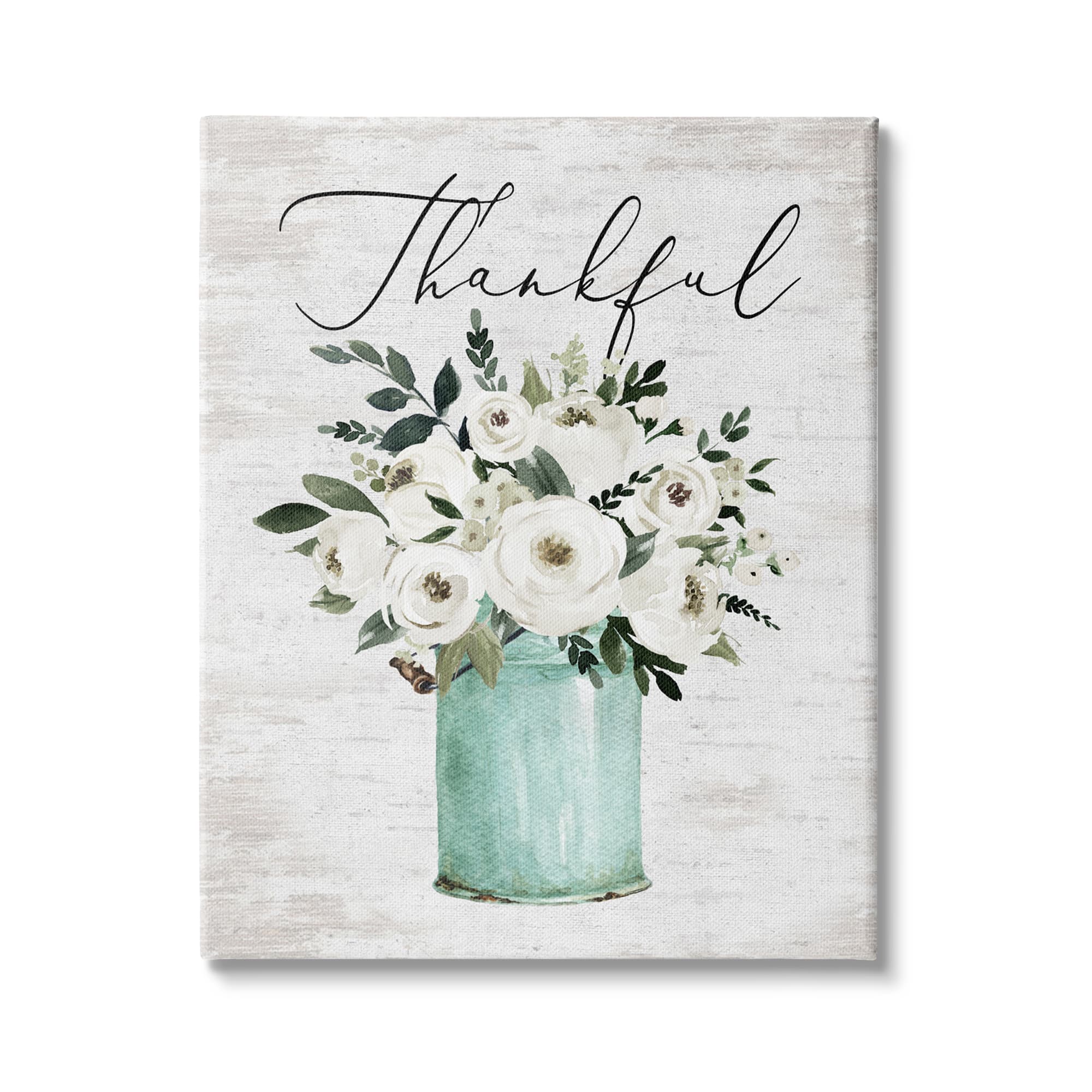 Stupell Industries Thankful Phrase White Ranunculus Floral Bouquet Milk Tin Canvas Wall Art