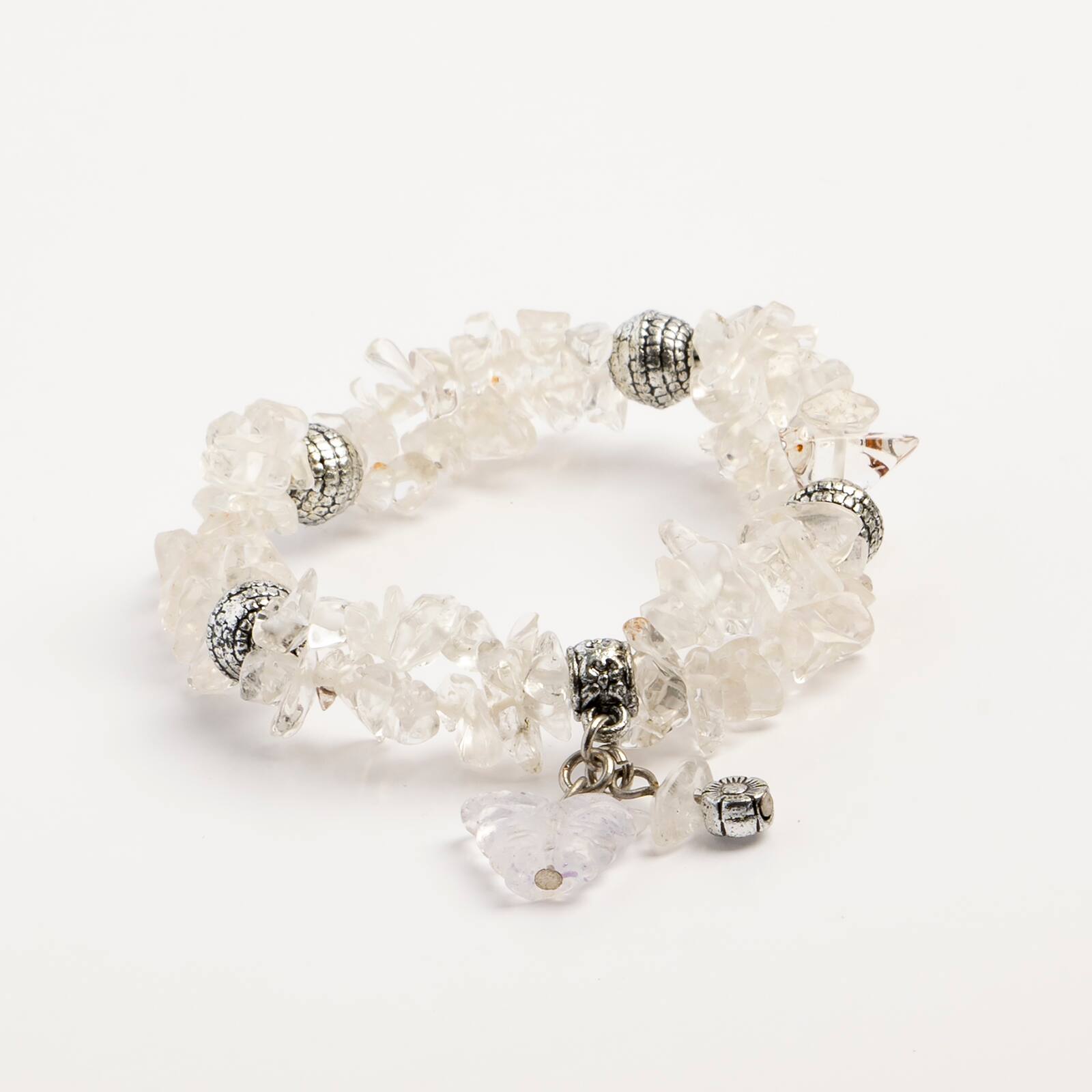 John Bead Crystal Quartz Clear Natural Stone 2-Strand Bracelet with Butterfly Charm