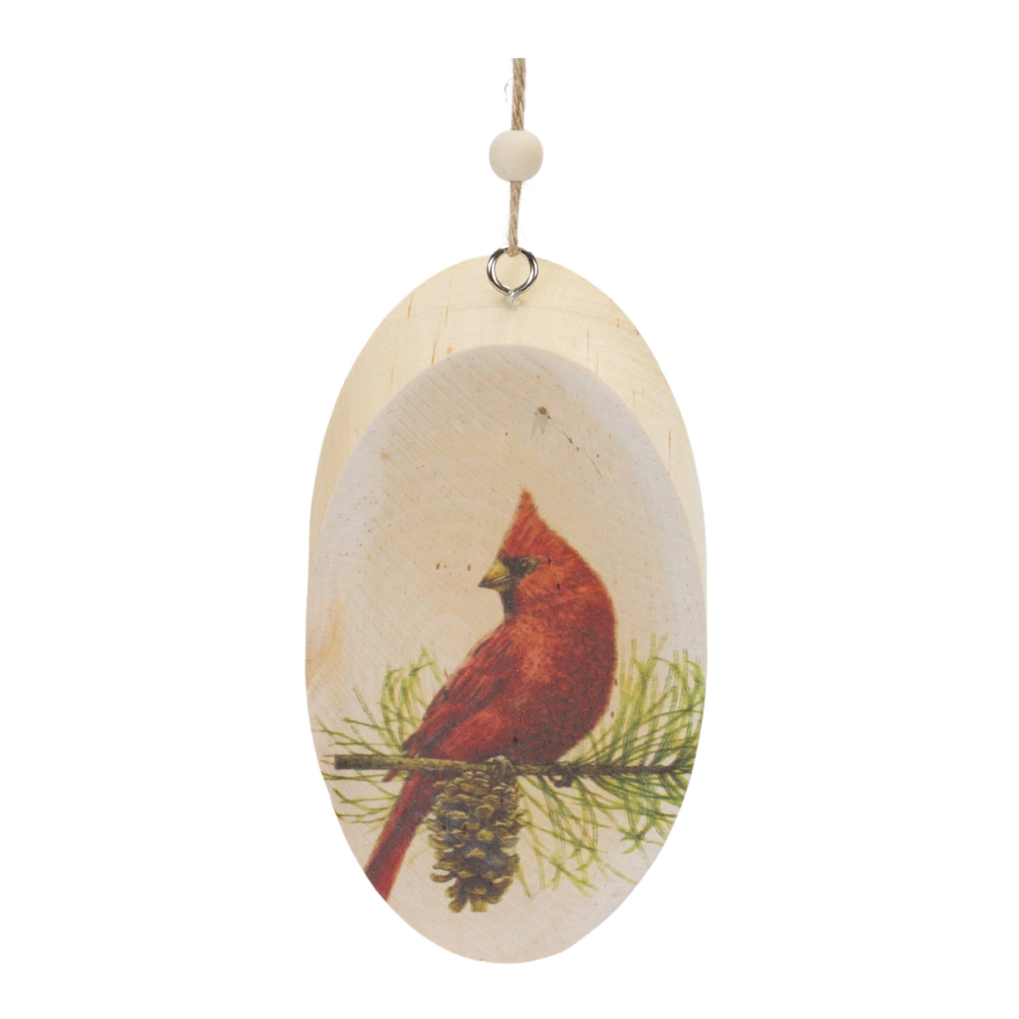Wood Cardinal Bird Tree Disc Ornament Set