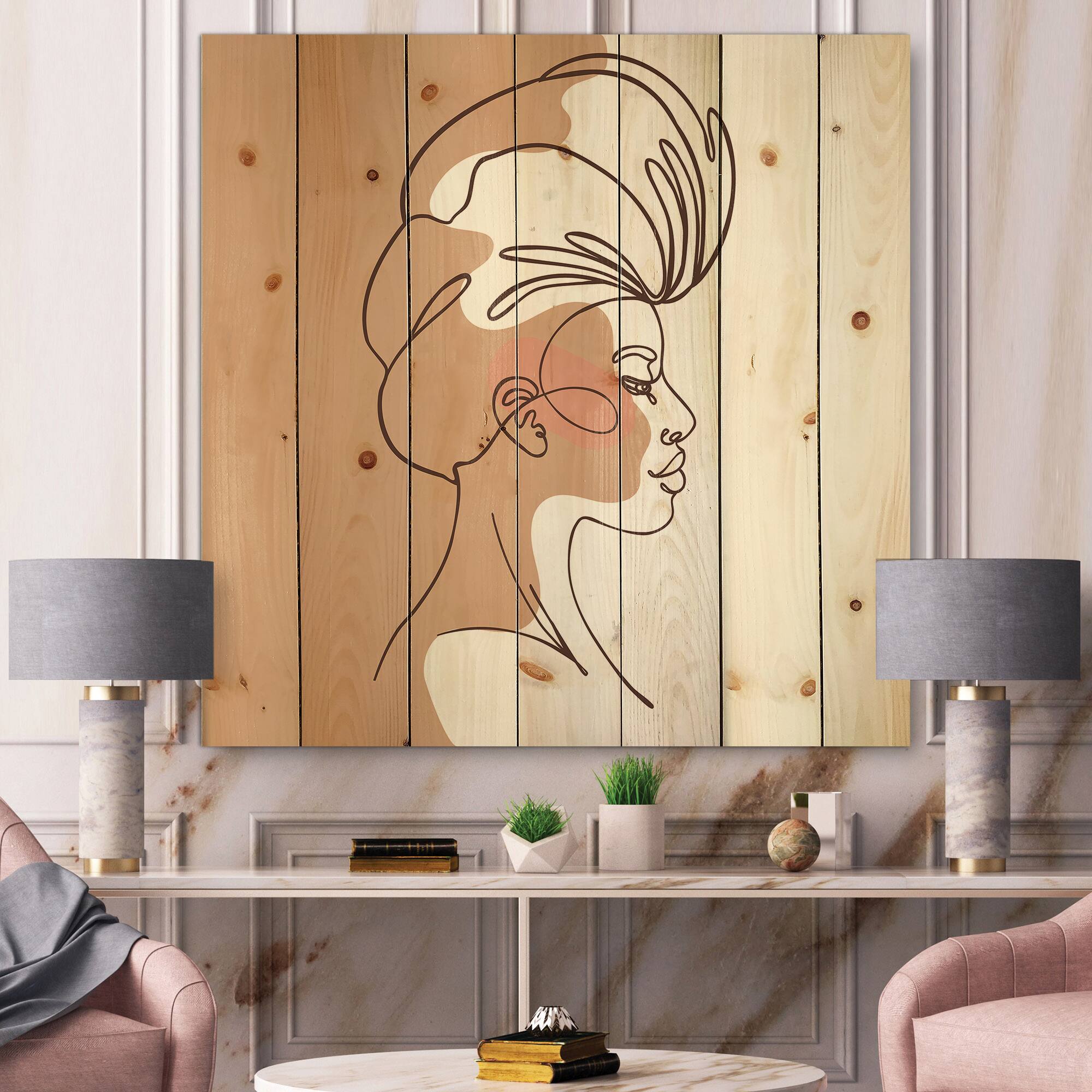 Designart - One Line Portrait of African American Woman II - Modern Print on Natural Pine Wood