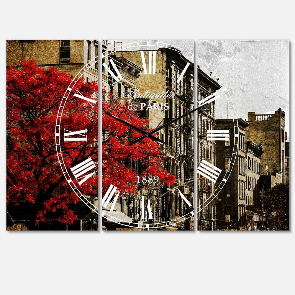 Designart Red Tree on Black & White New York City Street Industrial Multipanel Wall Clock