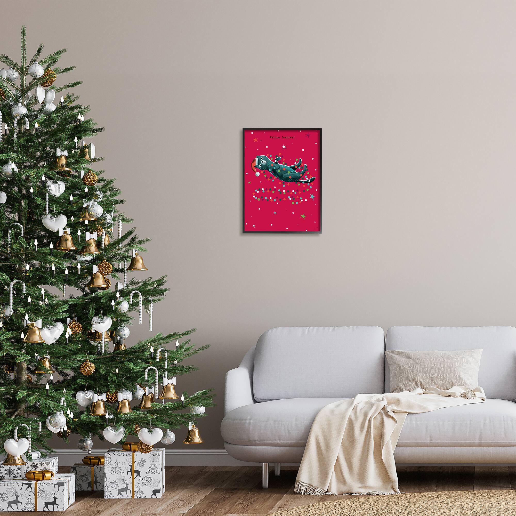 Stupell Industries Feline Festive Christmas Cat Black Framed Giclee Art