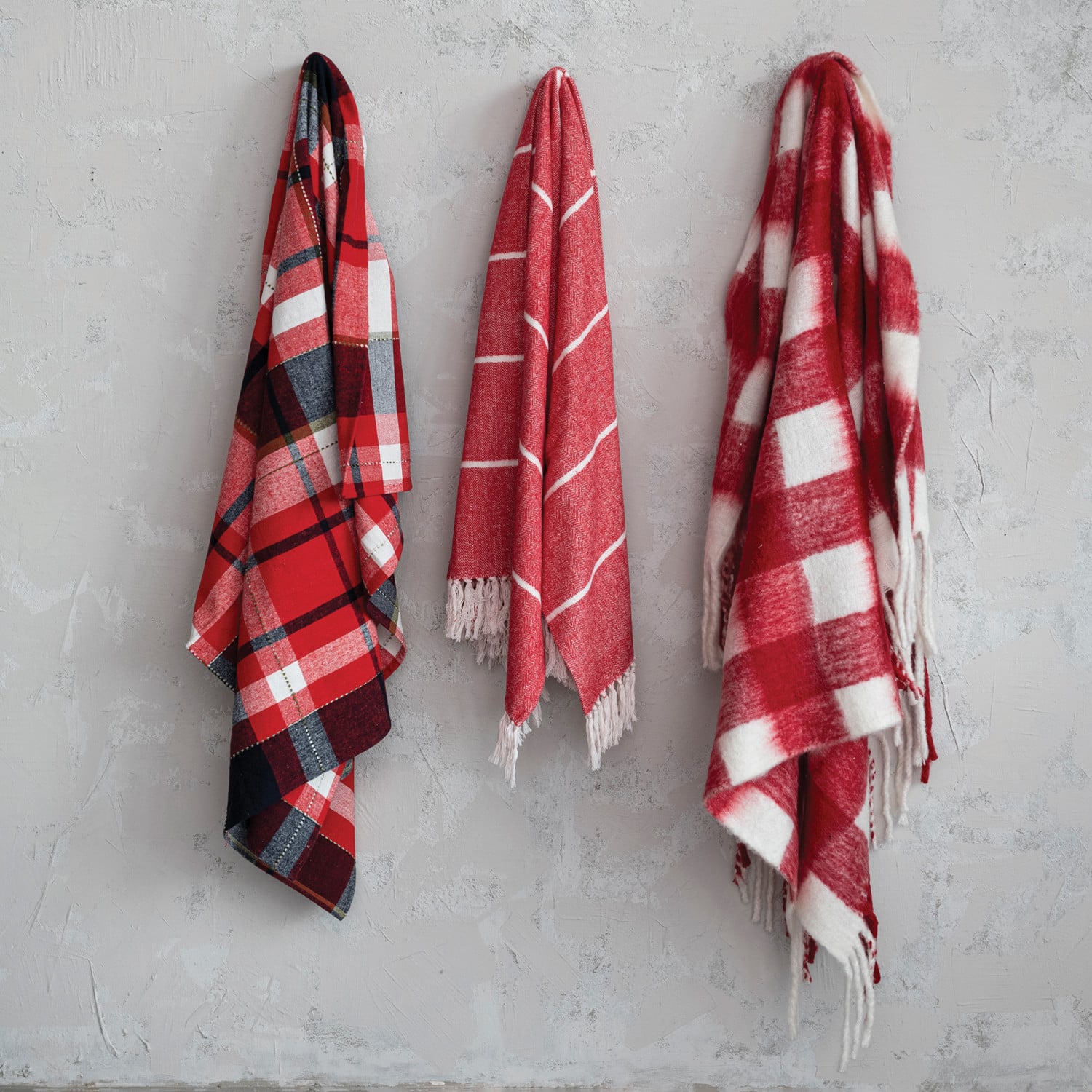 Red &#x26; White Plaid Woven Acrylic Throw with Fringe