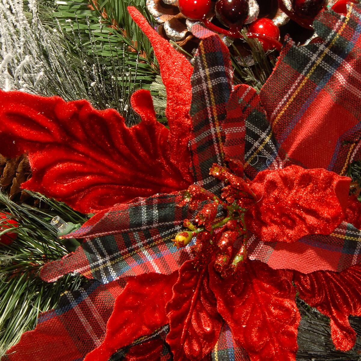 36&#x22; Decorative Collection Cones, Red Berries &#x26; Poinsettias Tartan Plaid Teardrop With Warm White LED Lights