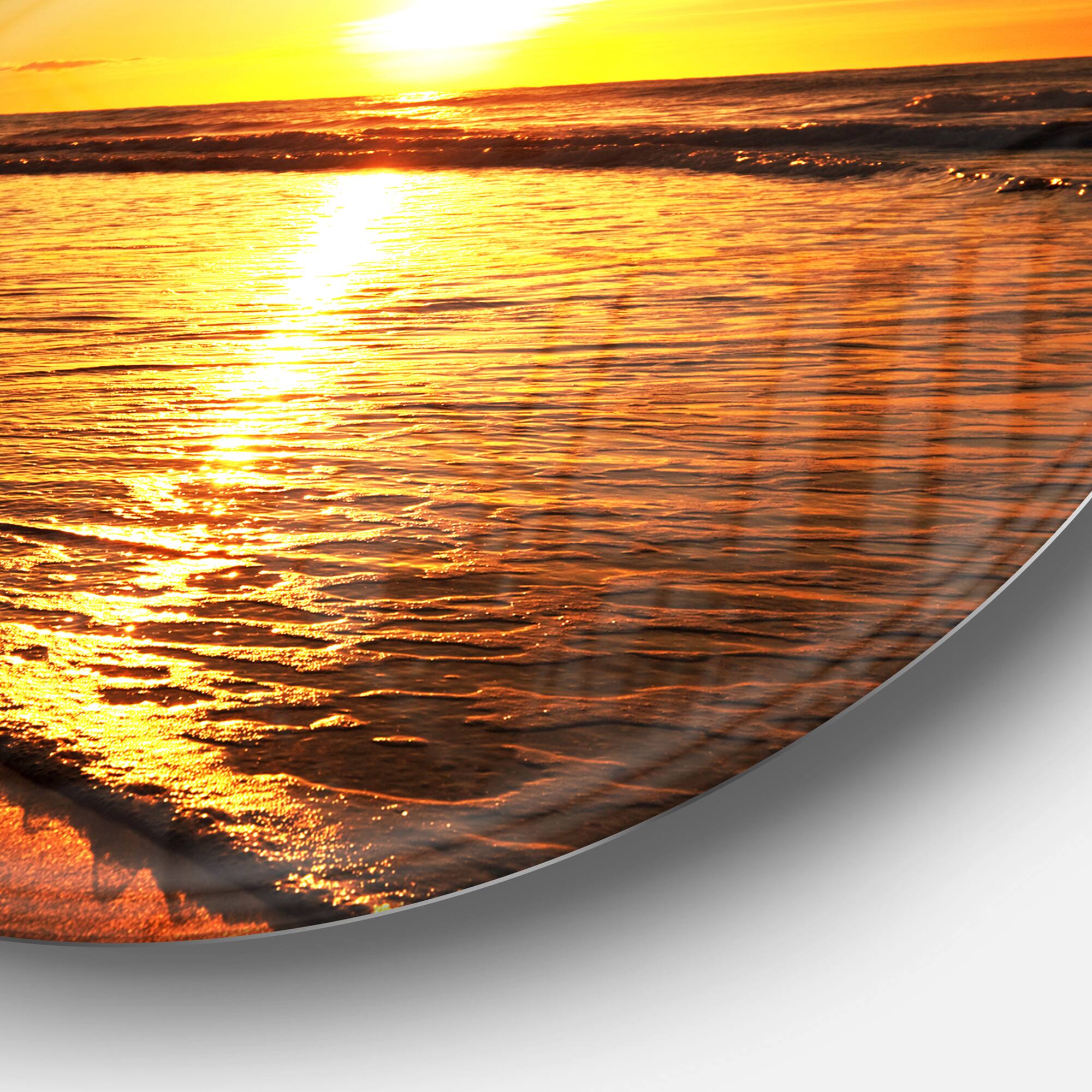 Designart - Bright Yellow Sunset over Waves' Beach Metal Circle Wall Art