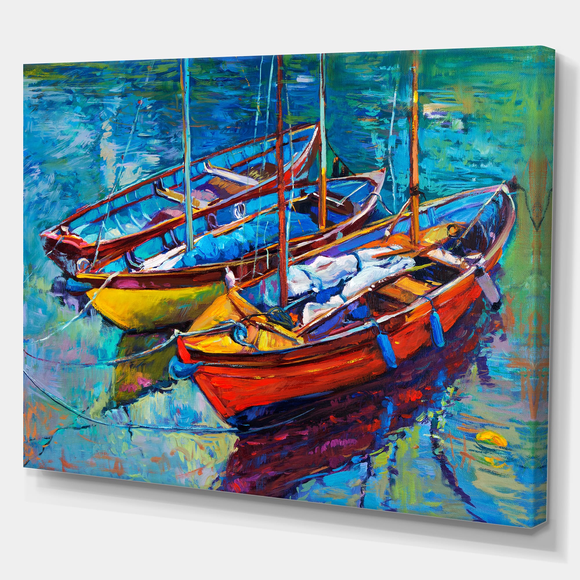 Designart - Three Fishing Boat Oil Painting - Sea & Shore Painting Print on Wrapped Canvas