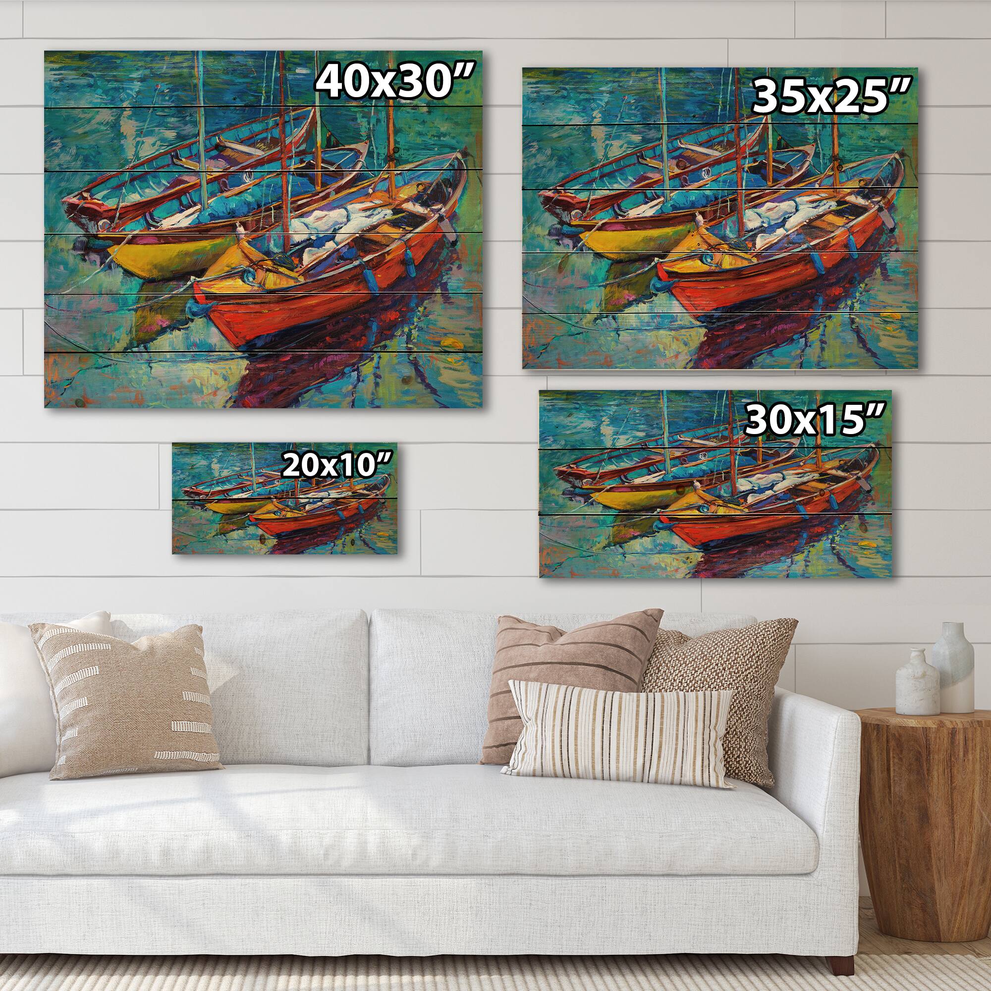 Designart - Three Boats In The Harbor - Nautical &#x26; Coastal Print on Natural Pine Wood