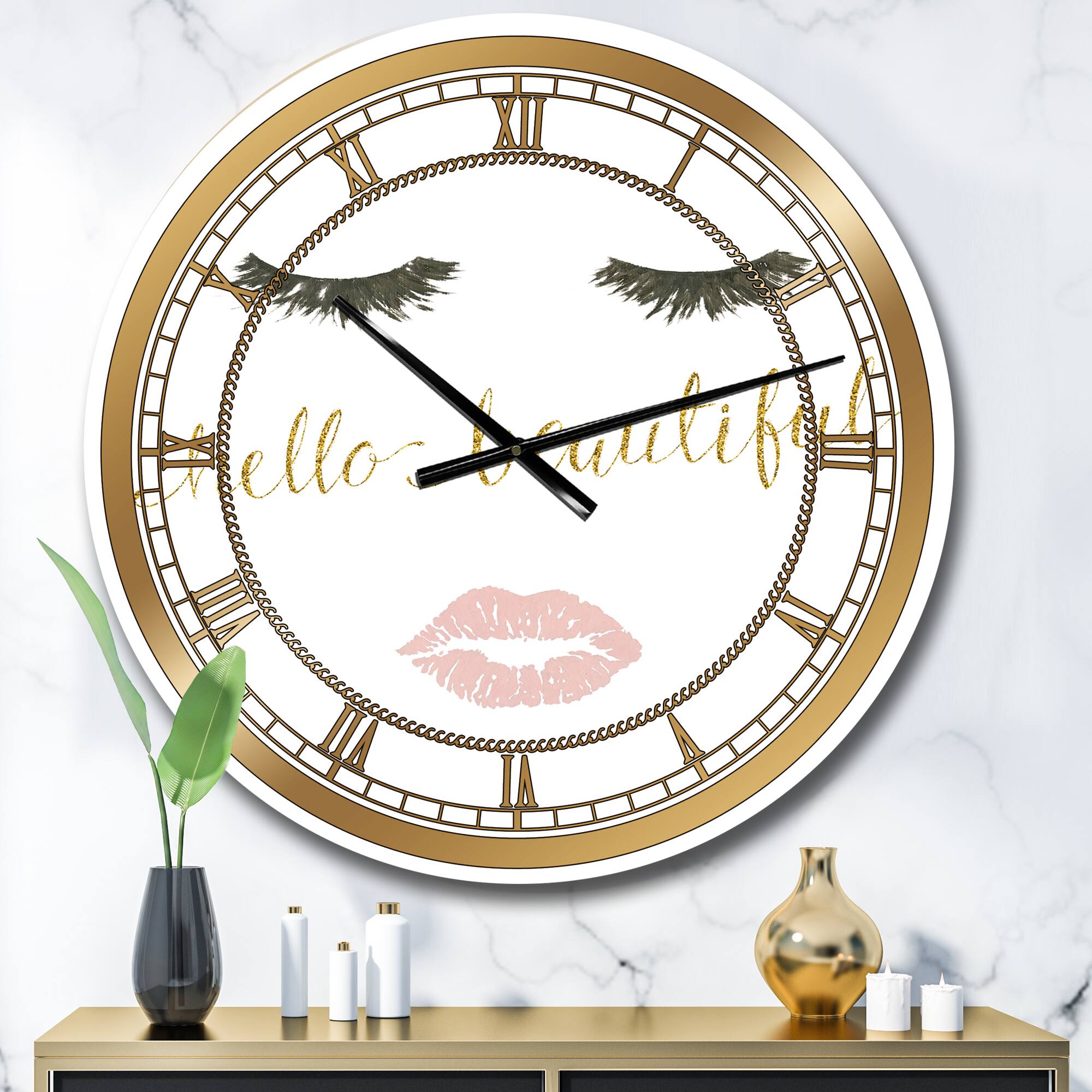 Designart Fashion Glam Lips On Gold I Wall Clock