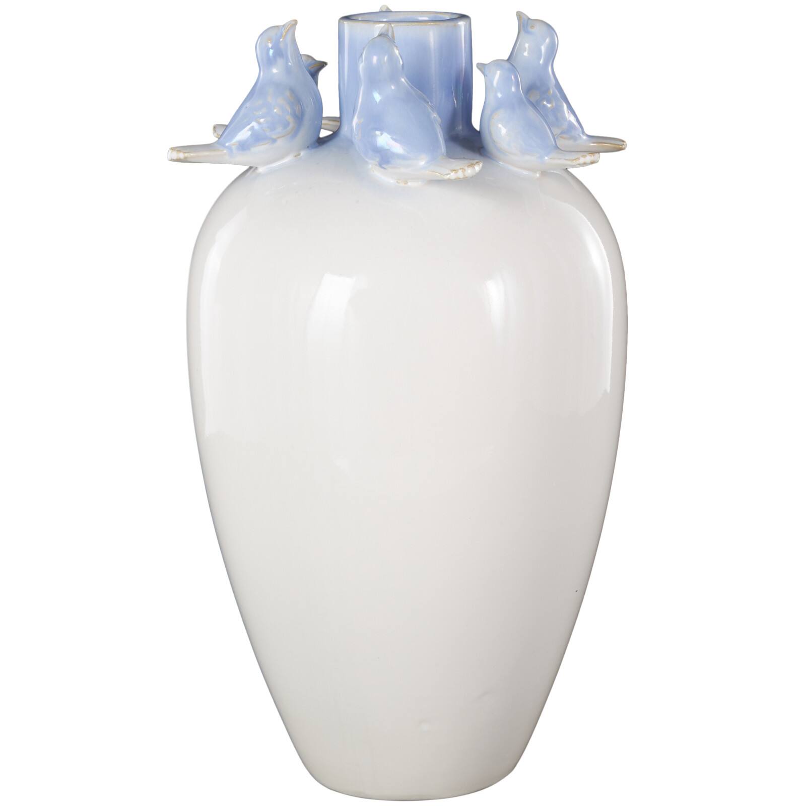 15" White with Blue Bird Accents Ceramic Decorative Vase