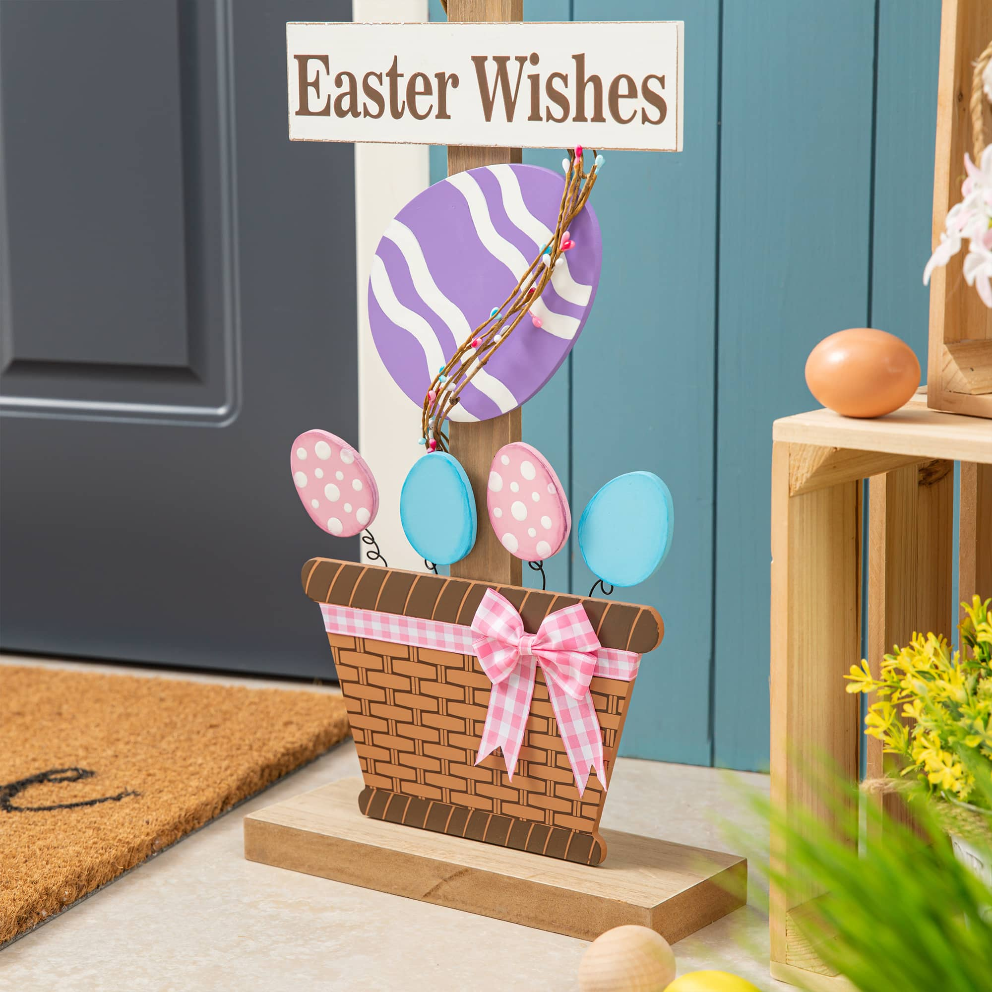 Glitzhome&#xAE; 35.5&#x22; Easter Wooden Bunny &#x26; Eggs Porch D&#xE9;cor