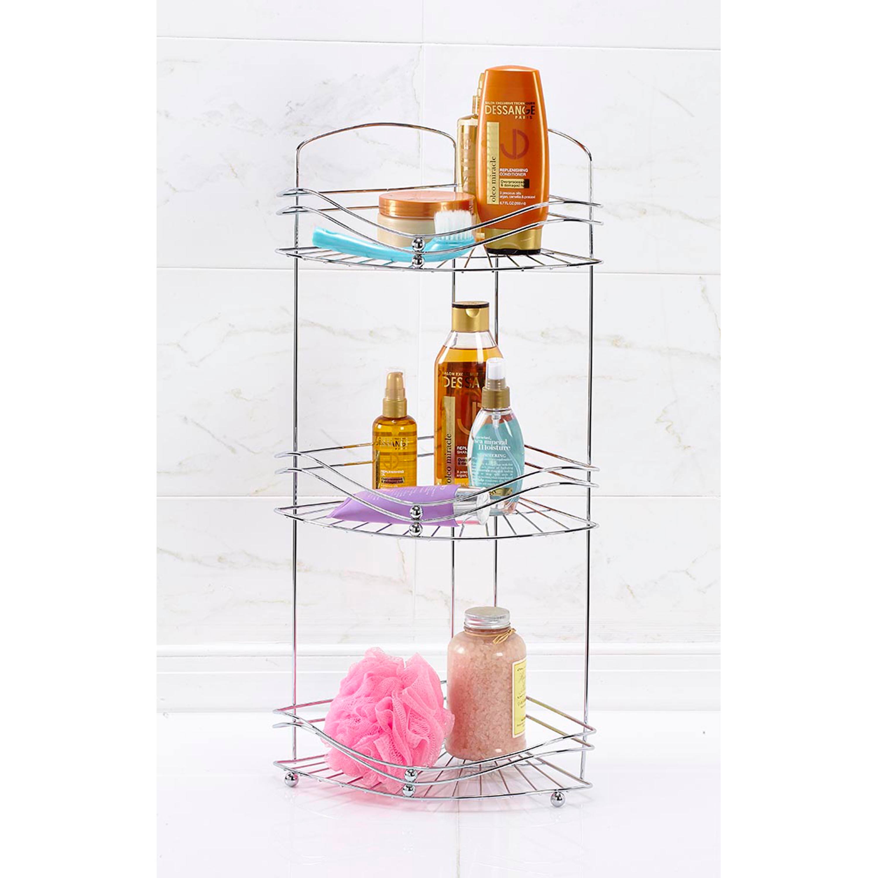 Bath Bliss Glossy Chrome Ocean Wave Design 3-Tier Corner Bath Shelf