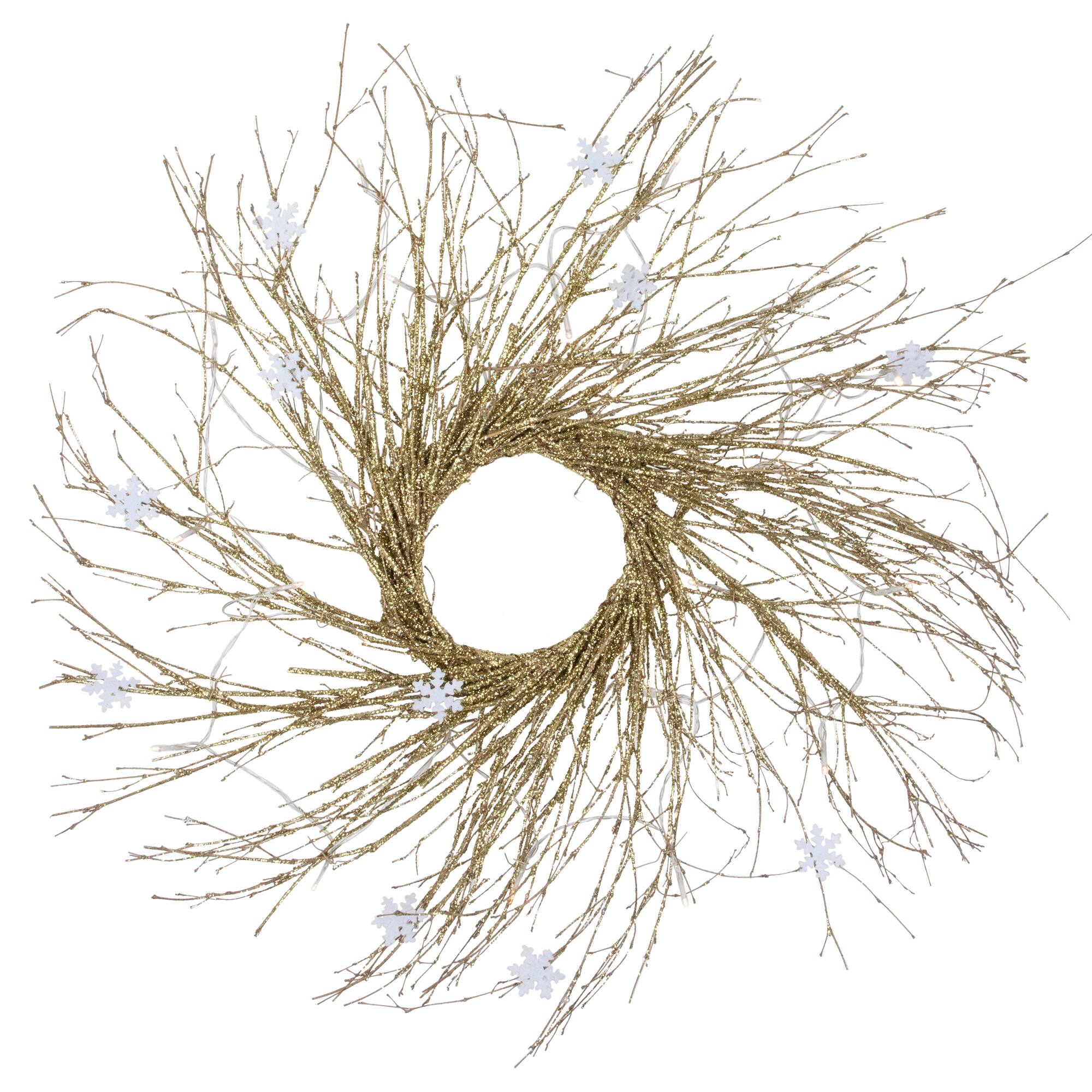 36&#x22; Pre-Lit Gold Glittered Twig Wreath with Warm White Lights