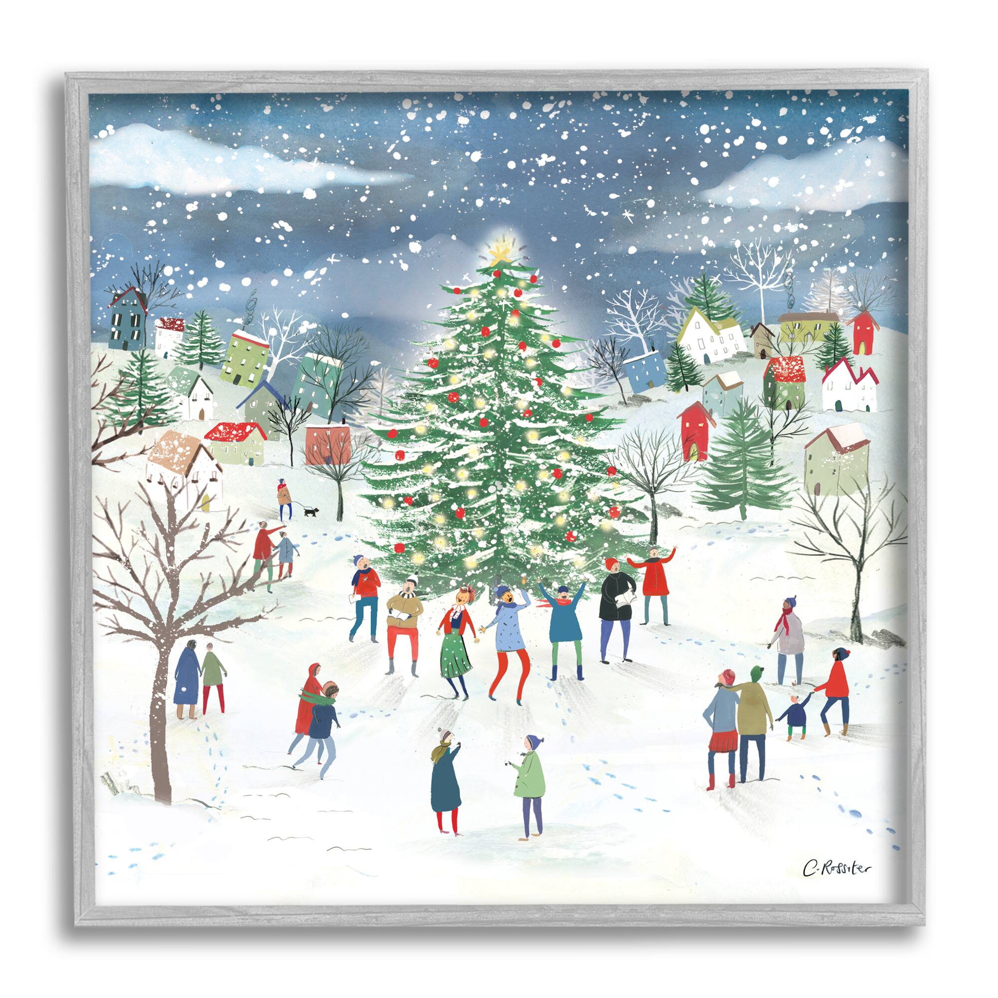 Stupell Industries Town Christmas Tree Celebration Framed Giclee Art