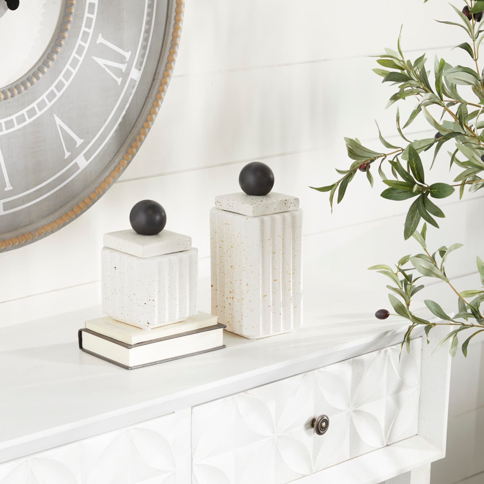 White Ceramic Contemporary Decorative Jar Set with Black Handles