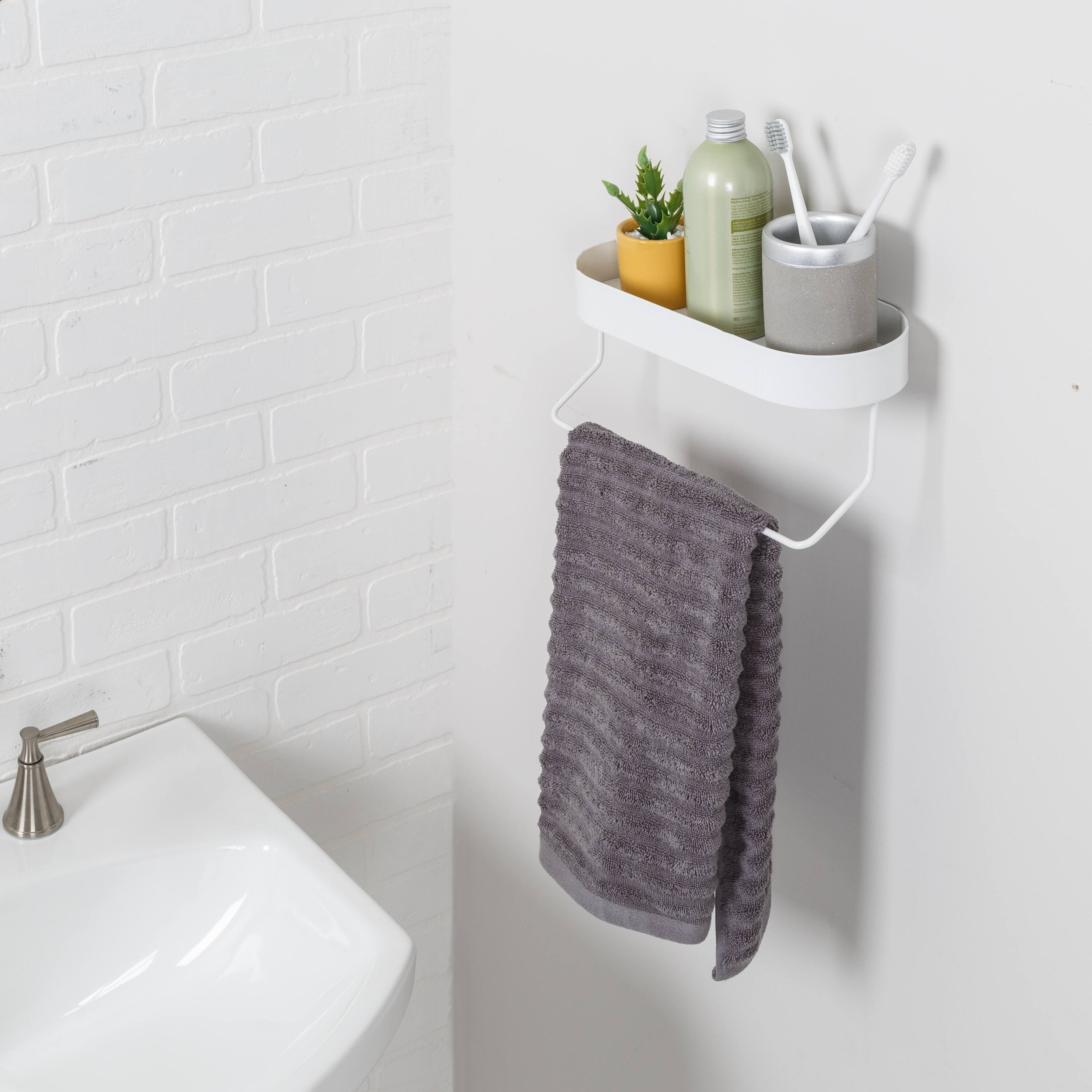Honey Can Do White Wall Mounted Bathroom Shelf with Towel Bar &#x26; Oval Top Tray