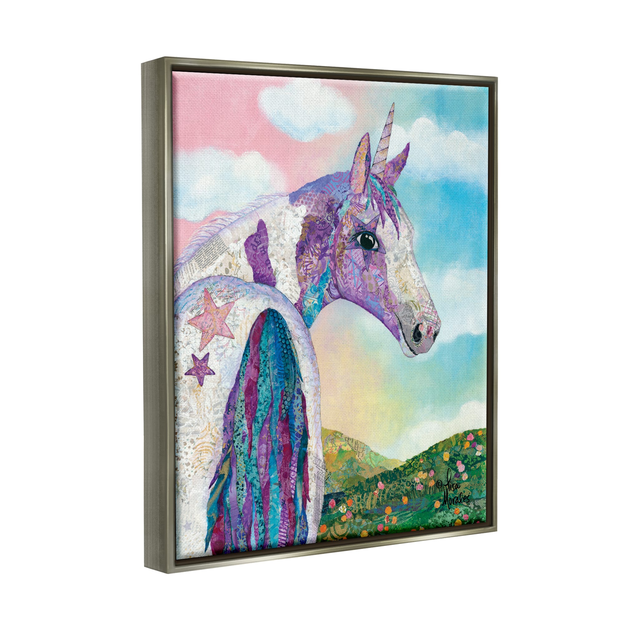 Stupell Industries Starry Eyed Unicorn Floral Fantasy Meadow Framed Floater Canvas Wall Art