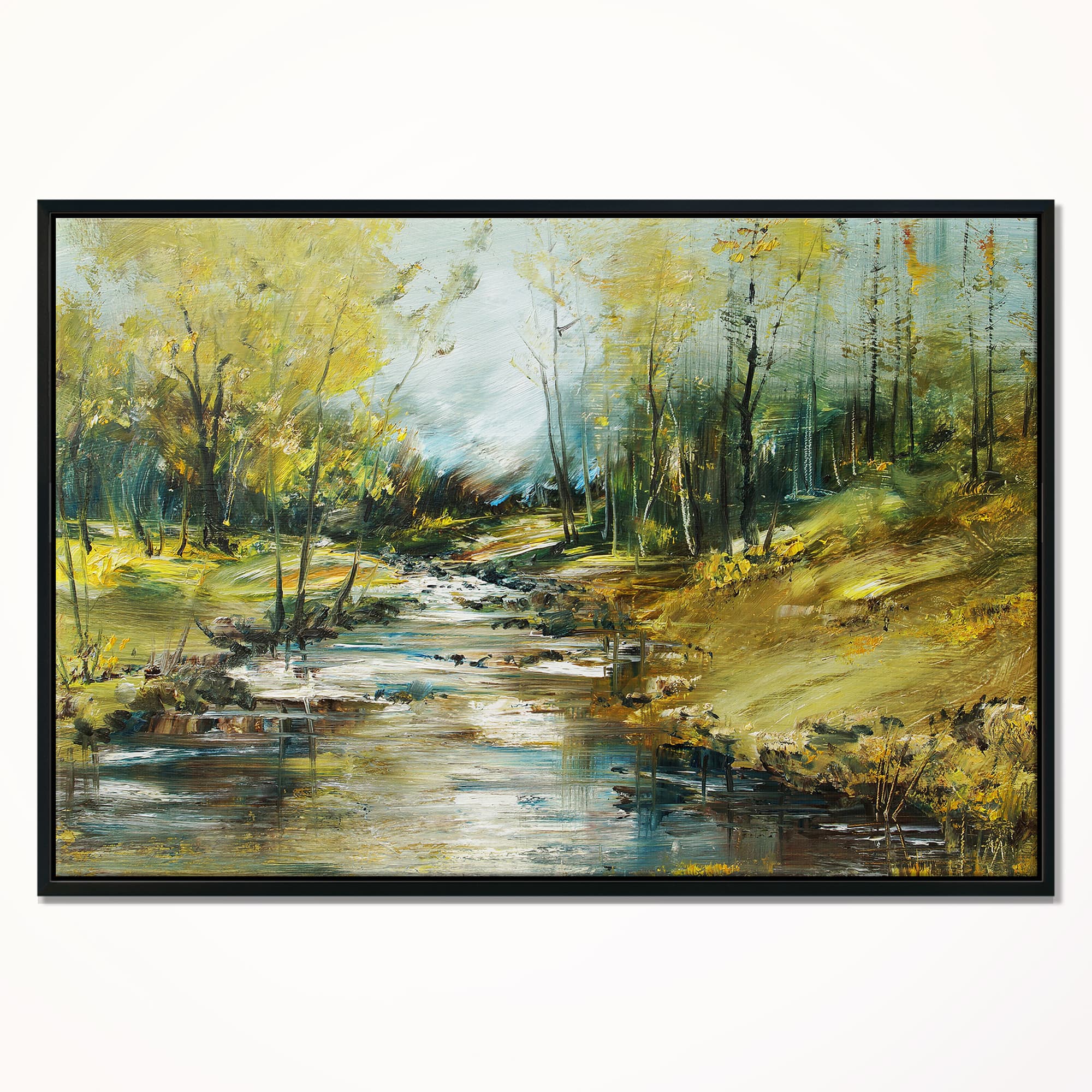 Designart - Creek in the Forest Oil Painting - Landscape Painting Canvas Print in Black Frame