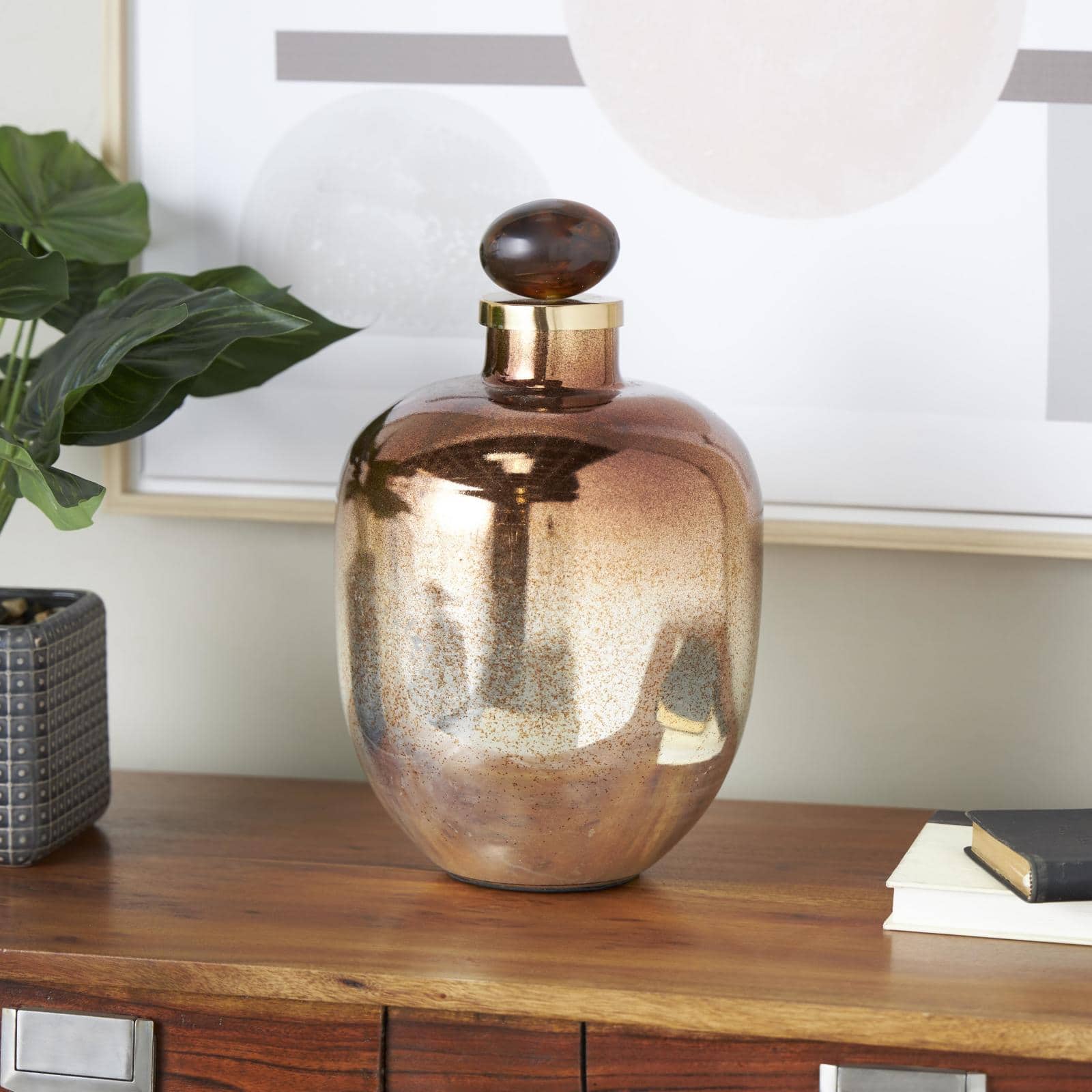 13" Gold, Beige & Copper Glass Speckled Ombre Decorative Jar