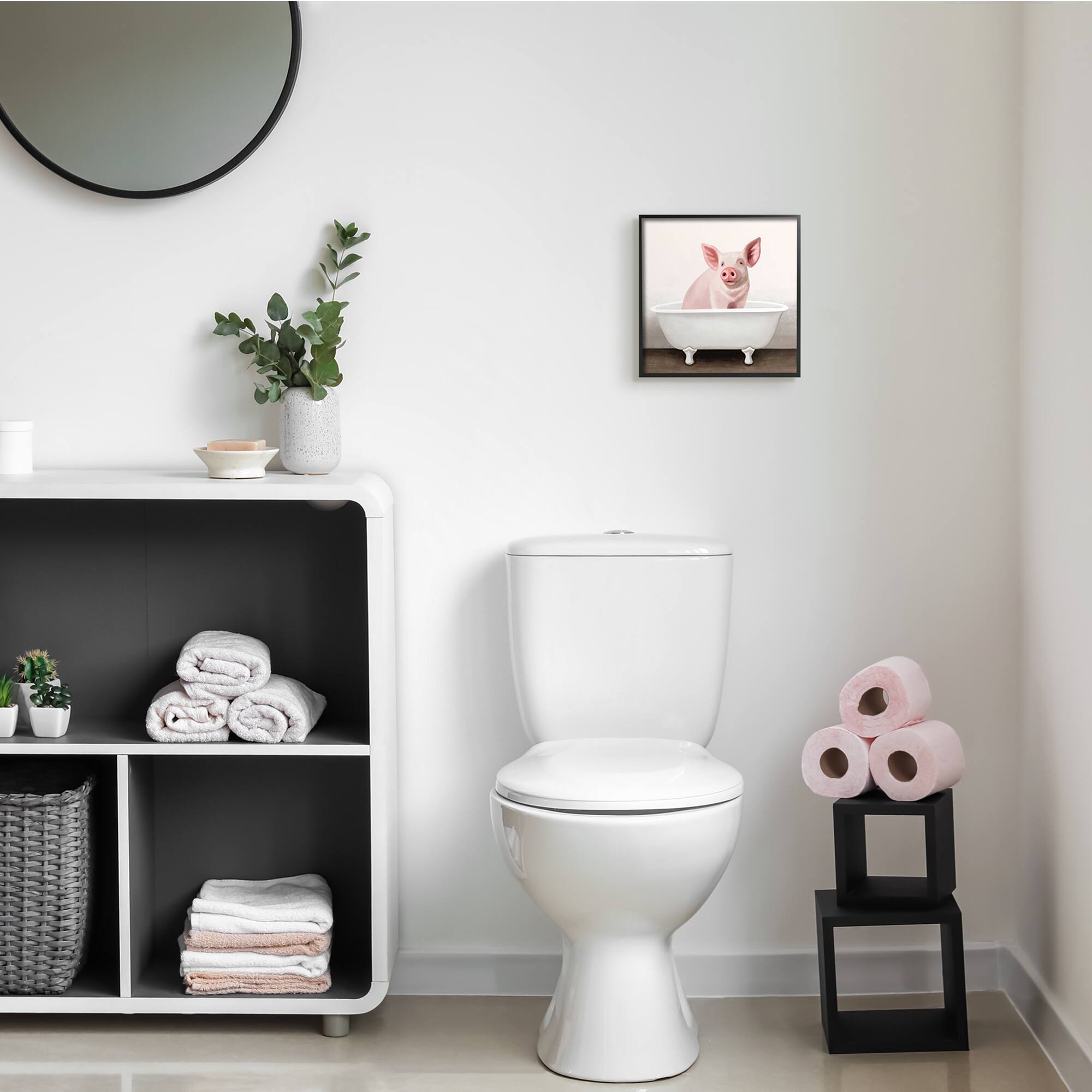 Stupell Industries Pink Farm Pig in Country Bath Tub Black Framed Wall Art